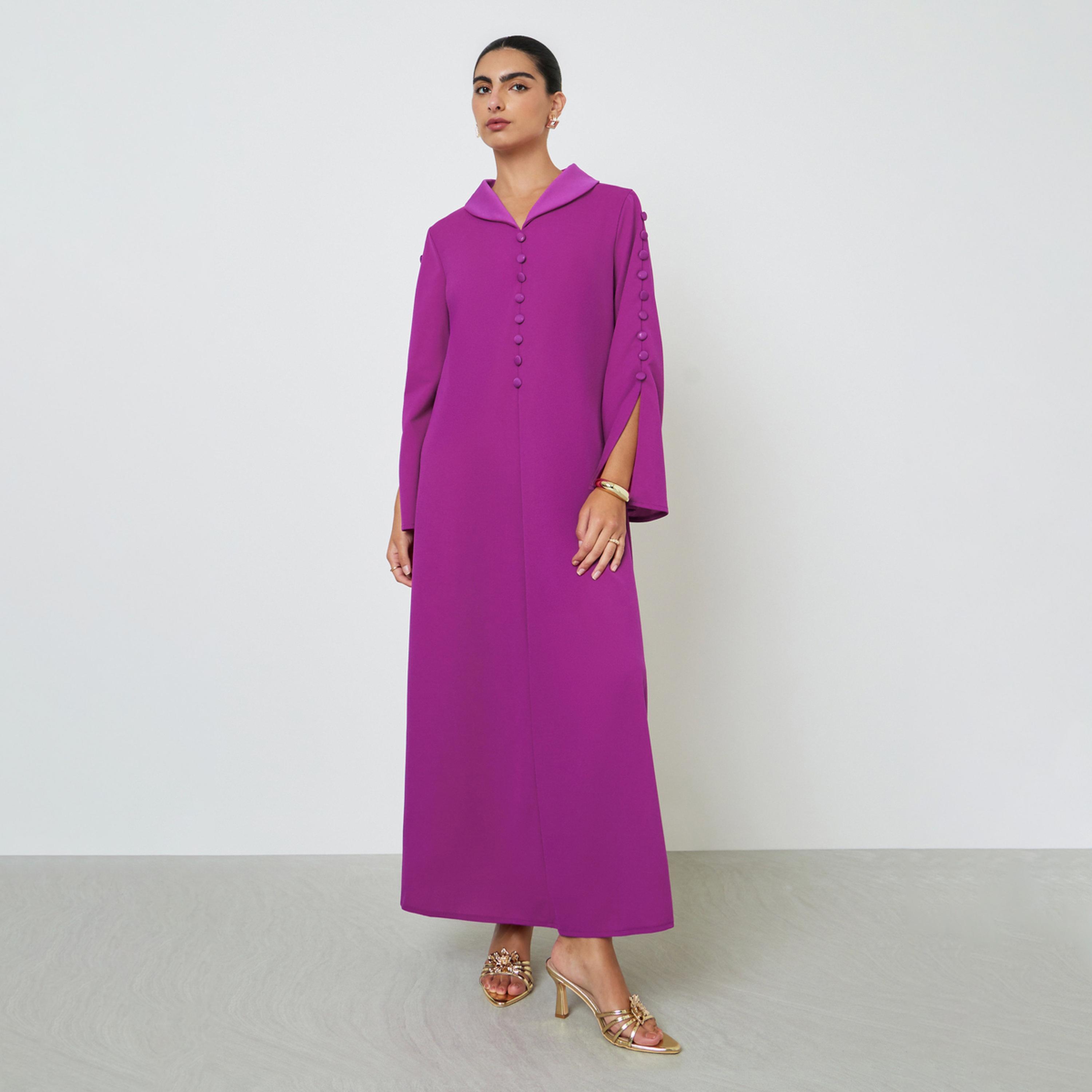 Styli Purple Slit Sleeve Jalabiya with Button Detail-women-arabicclothing-jalabiyas-image-1