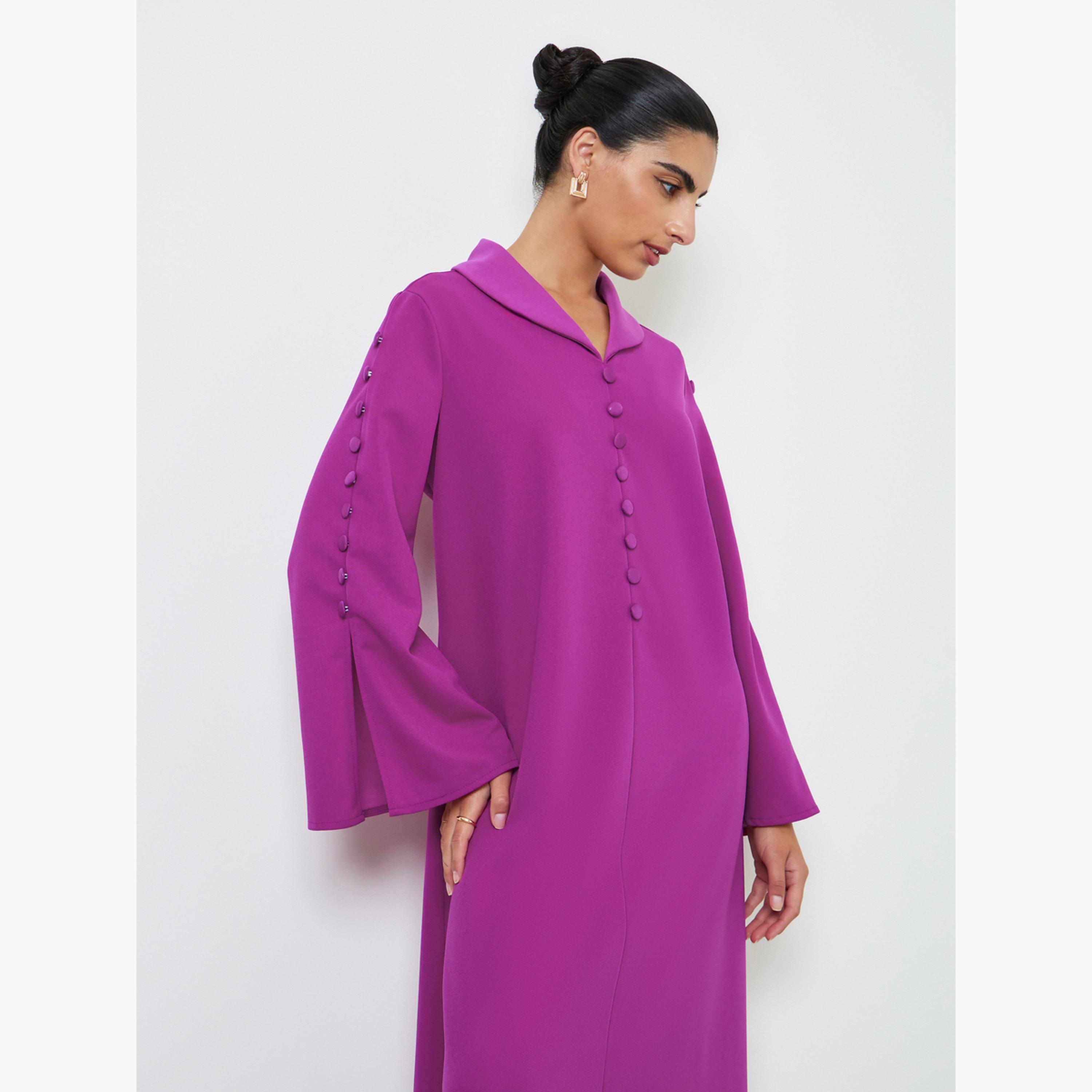 Styli Purple Slit Sleeve Jalabiya with Button Detail-women-arabicclothing-jalabiyas-image-2