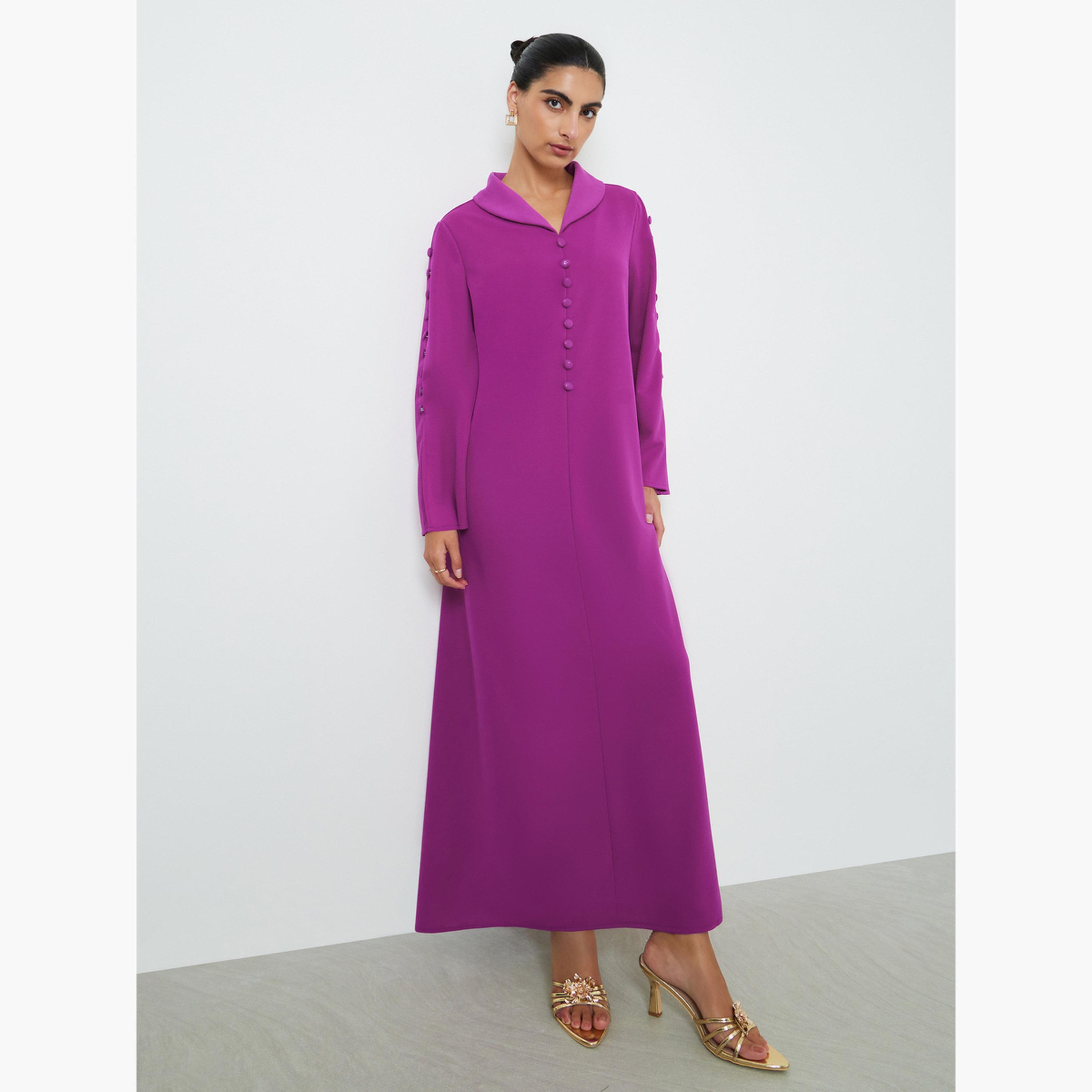 Styli Purple Slit Sleeve Jalabiya with Button Detail-women-arabicclothing-jalabiyas-image-3