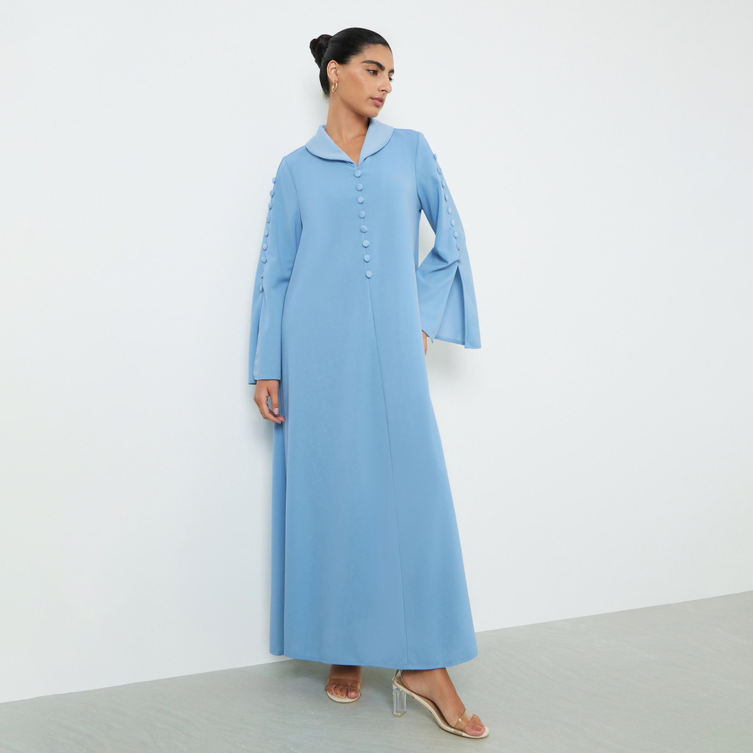 Styli Blue Slit Sleeve Jalabiya with Button Detail-women-arabicclothing-jalabiyas-image-1