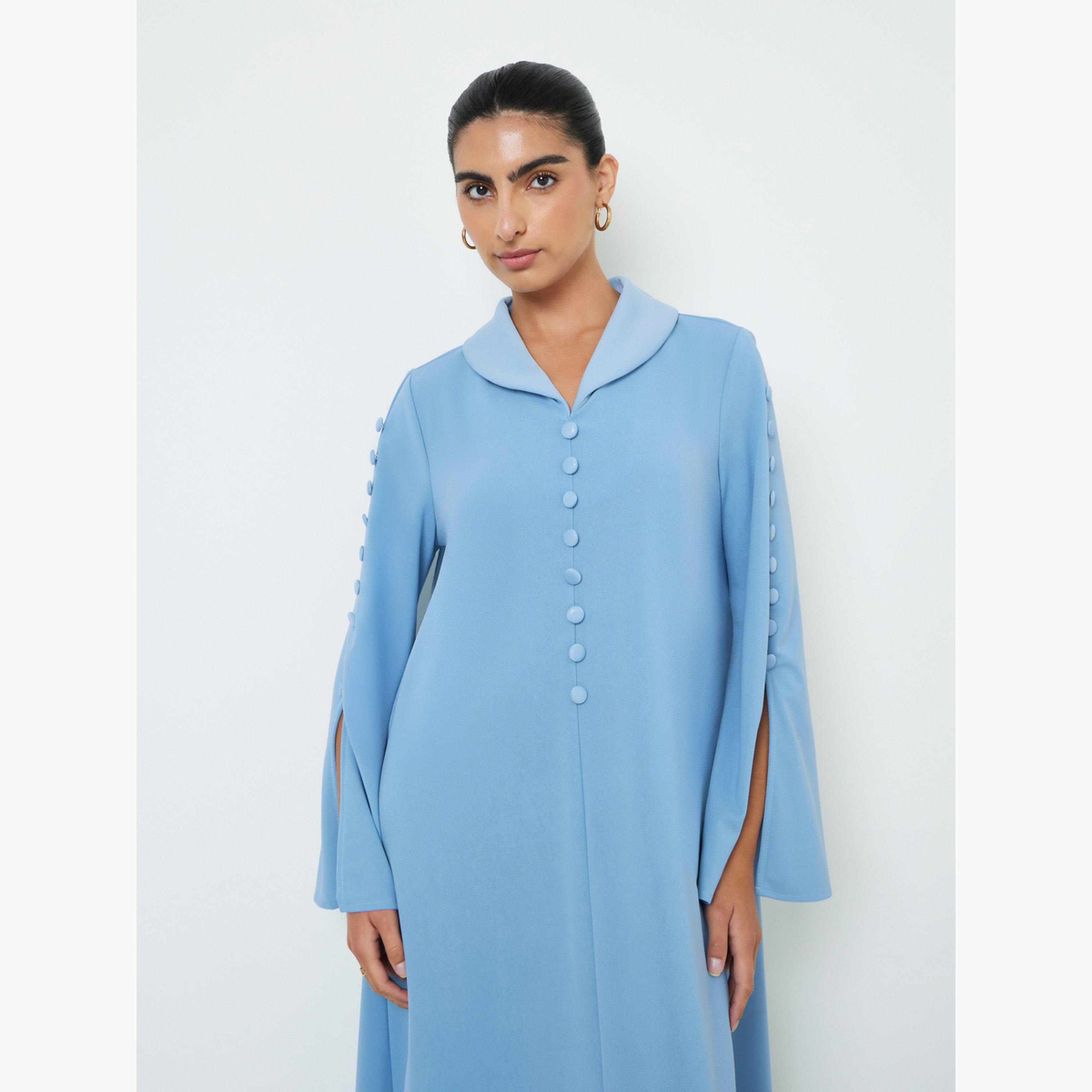 Styli Blue Slit Sleeve Jalabiya with Button Detail-women-arabicclothing-jalabiyas-image-2
