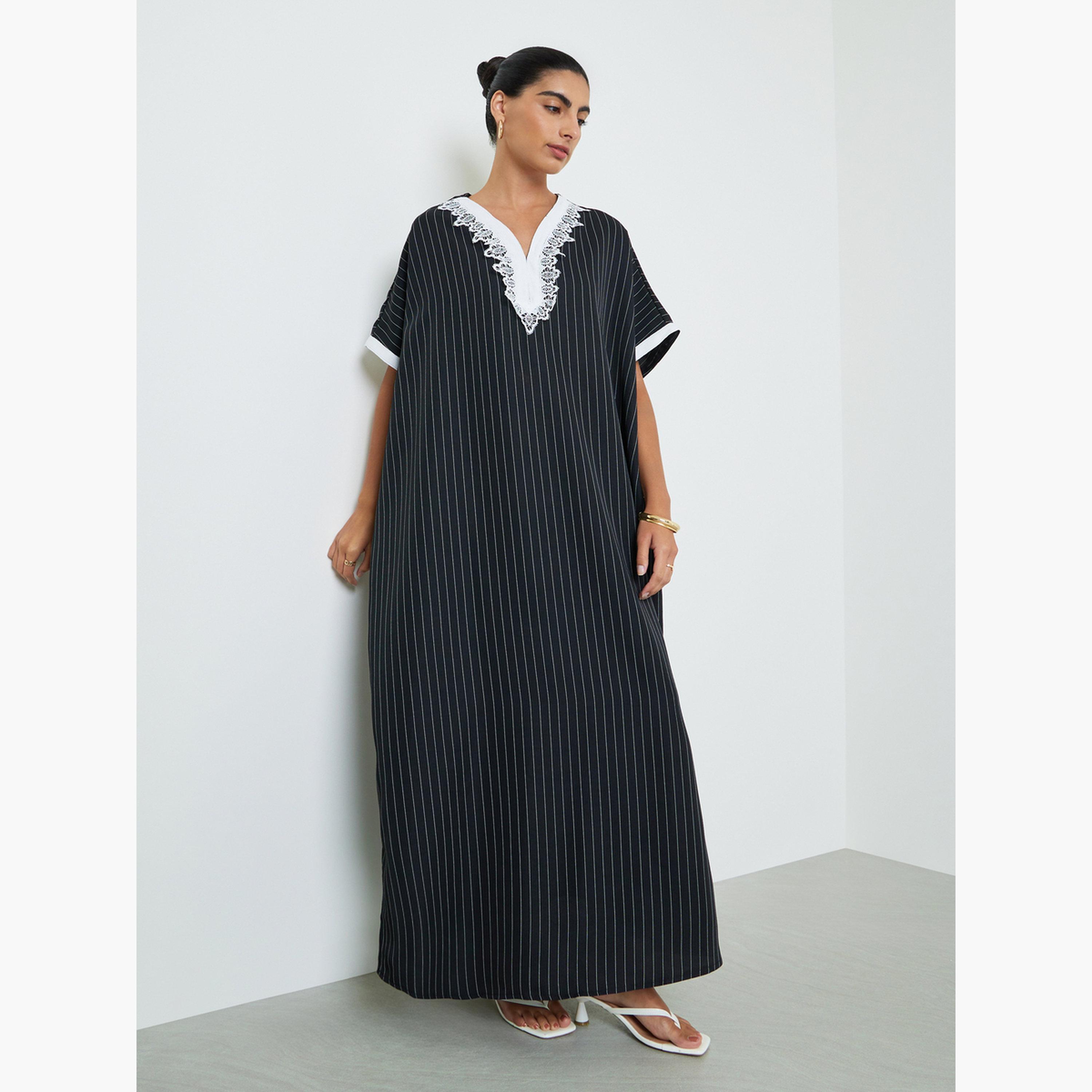 Styli Black Striped Jalabiya with Lace Trim-women-arabicclothing-jalabiyas-image-1