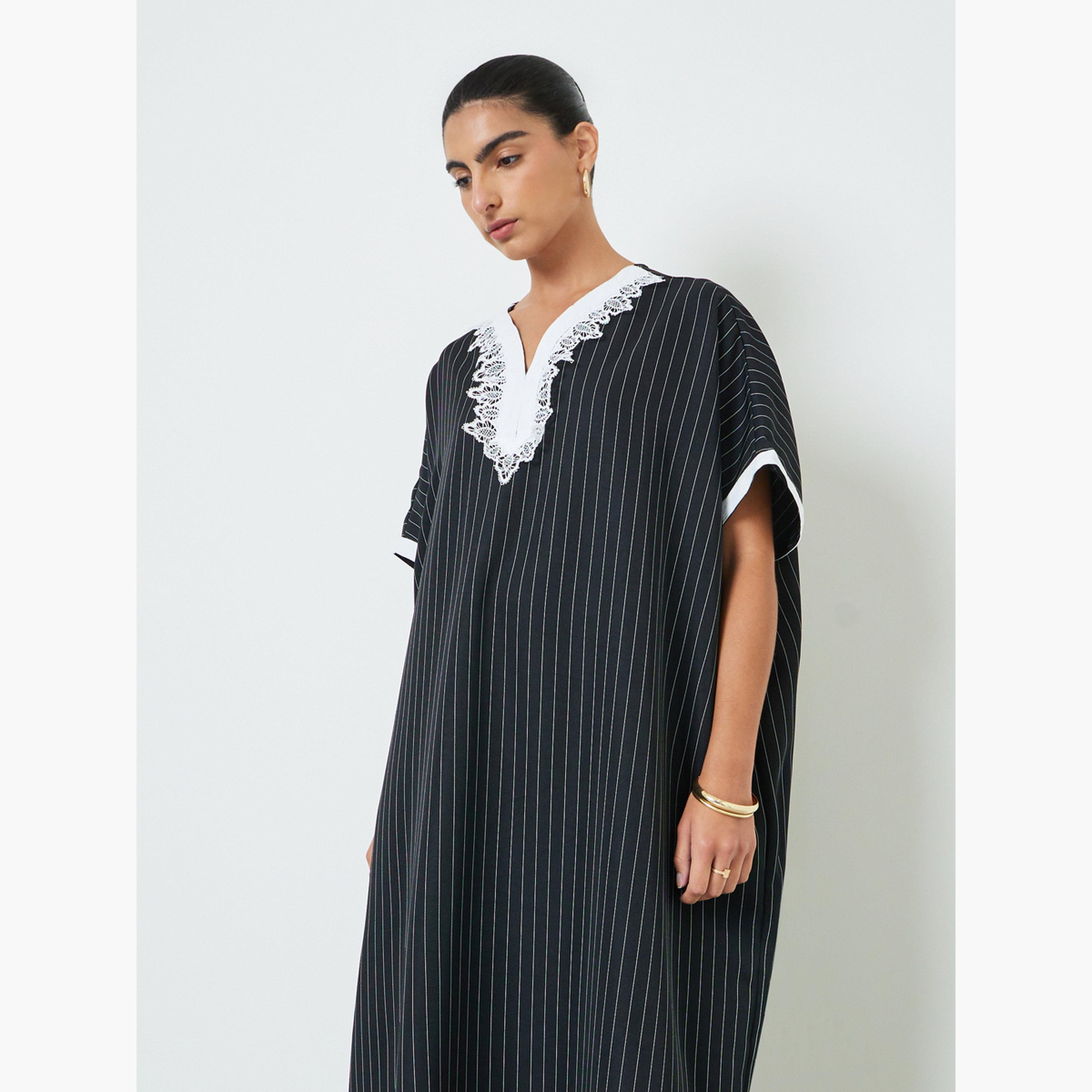 Styli Black Striped Jalabiya with Lace Trim-women-arabicclothing-jalabiyas-image-2