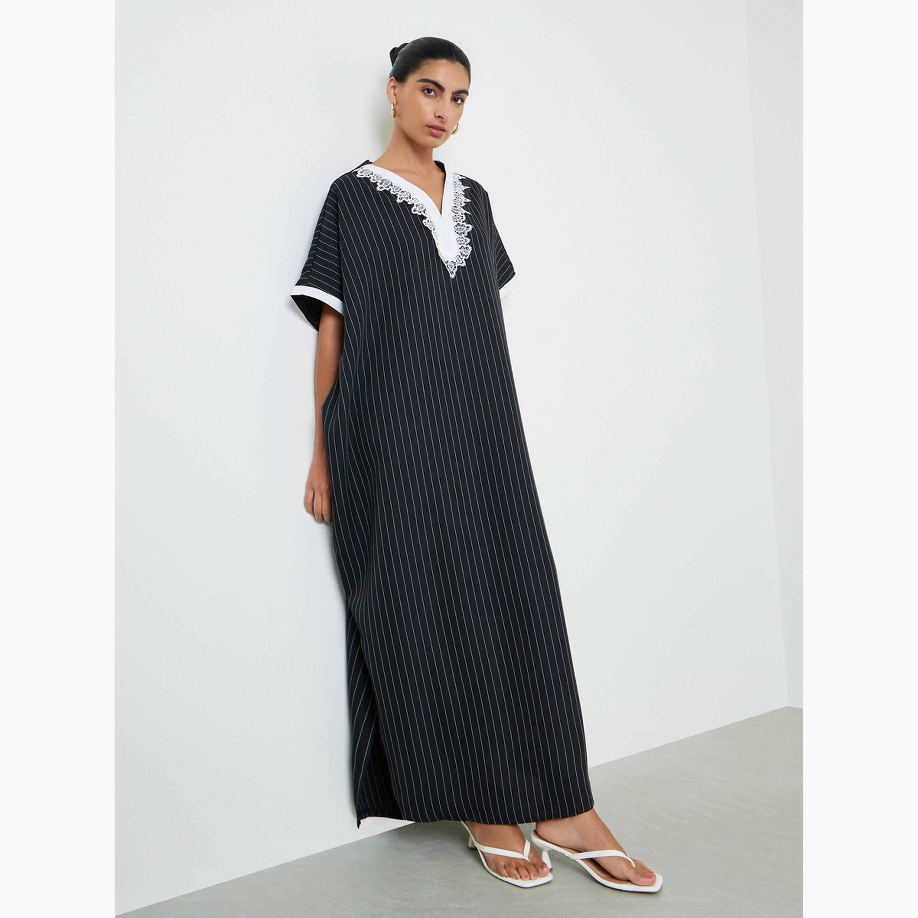 Styli Black Striped Jalabiya with Lace Trim-women-arabicclothing-jalabiyas-image-3