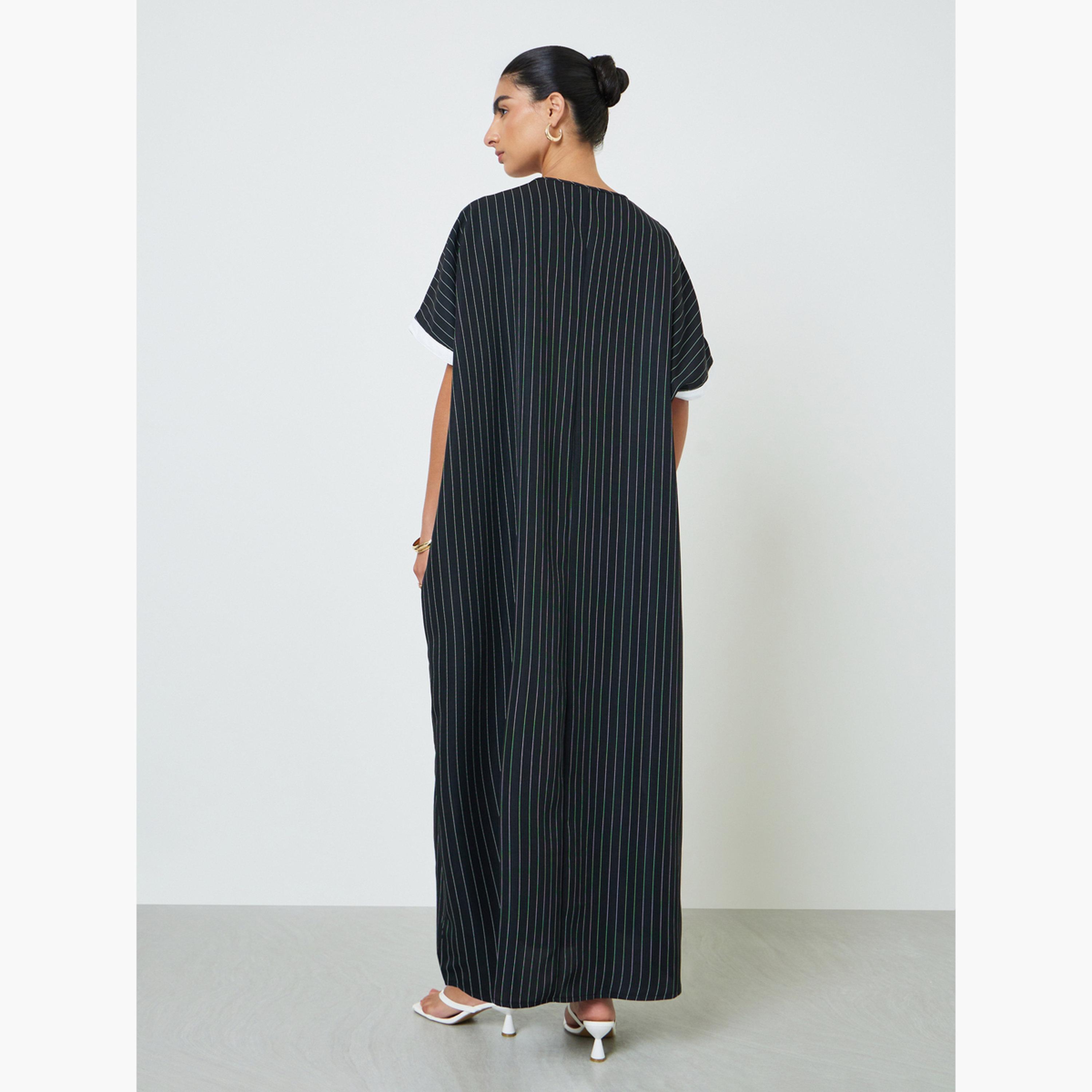 Styli Black Striped Jalabiya with Lace Trim-women-arabicclothing-jalabiyas-image-4