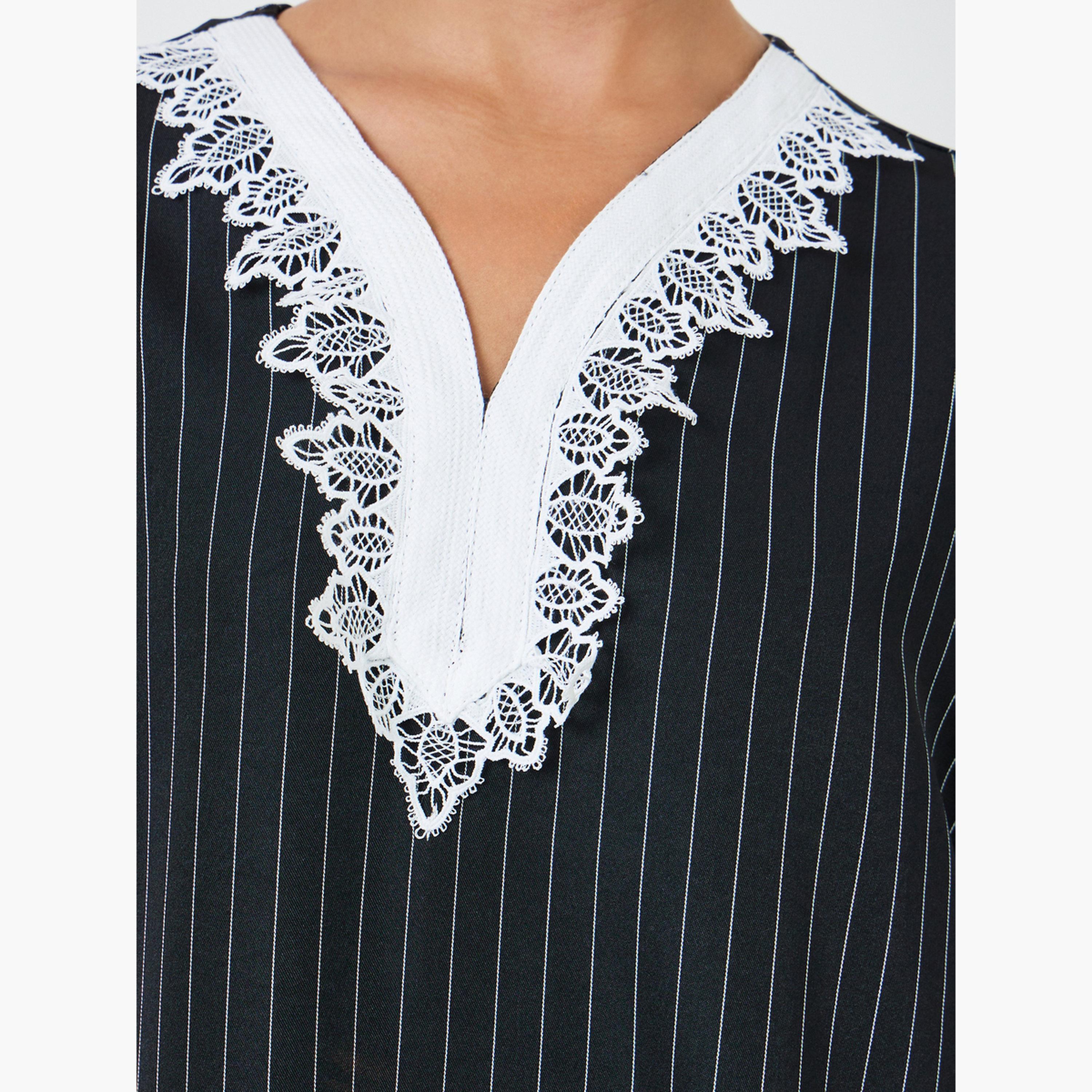 Styli Black Striped Jalabiya with Lace Trim-women-arabicclothing-jalabiyas-image-5