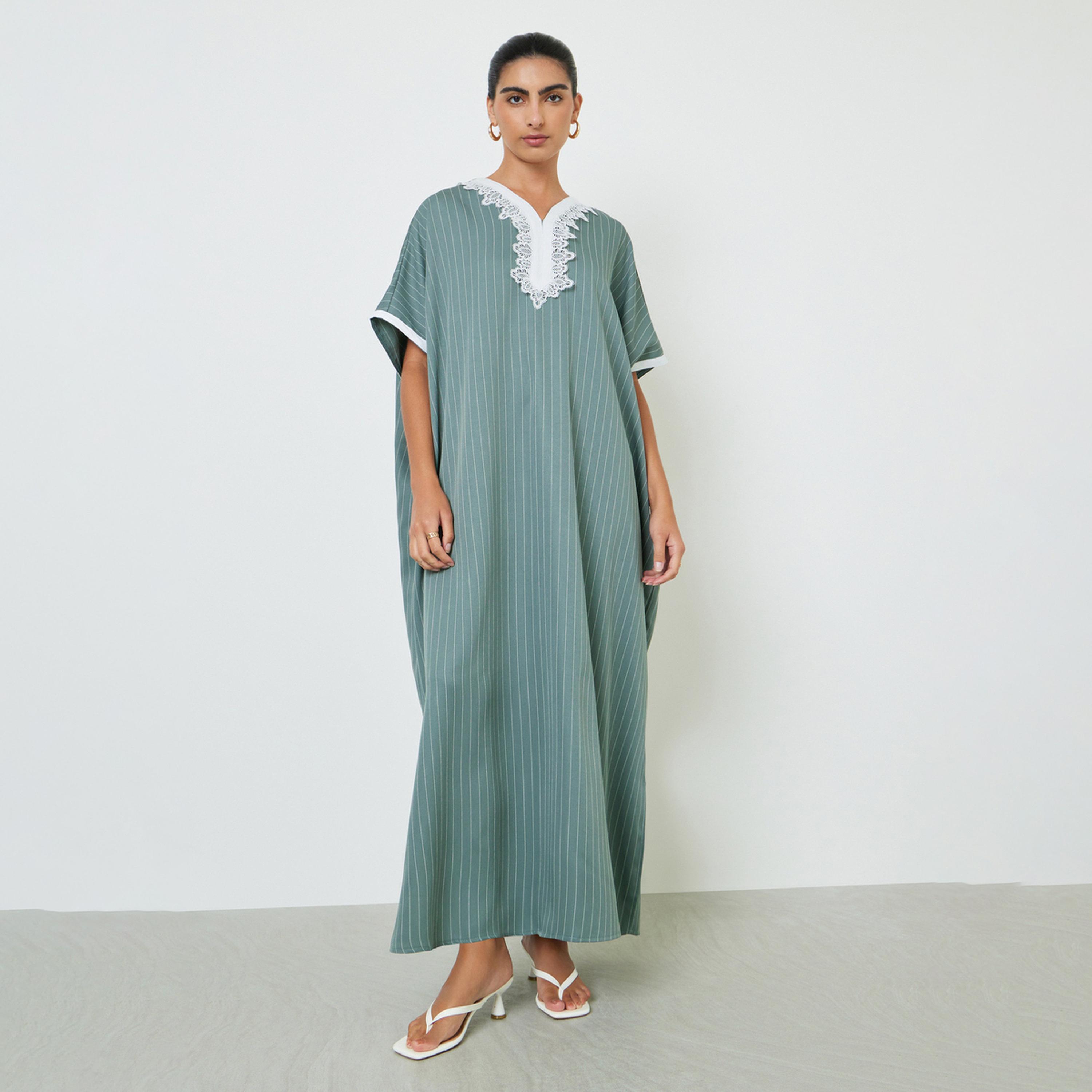 Styli Green Striped Jalabiya with Lace Trim-women-arabicclothing-jalabiyas-image-1