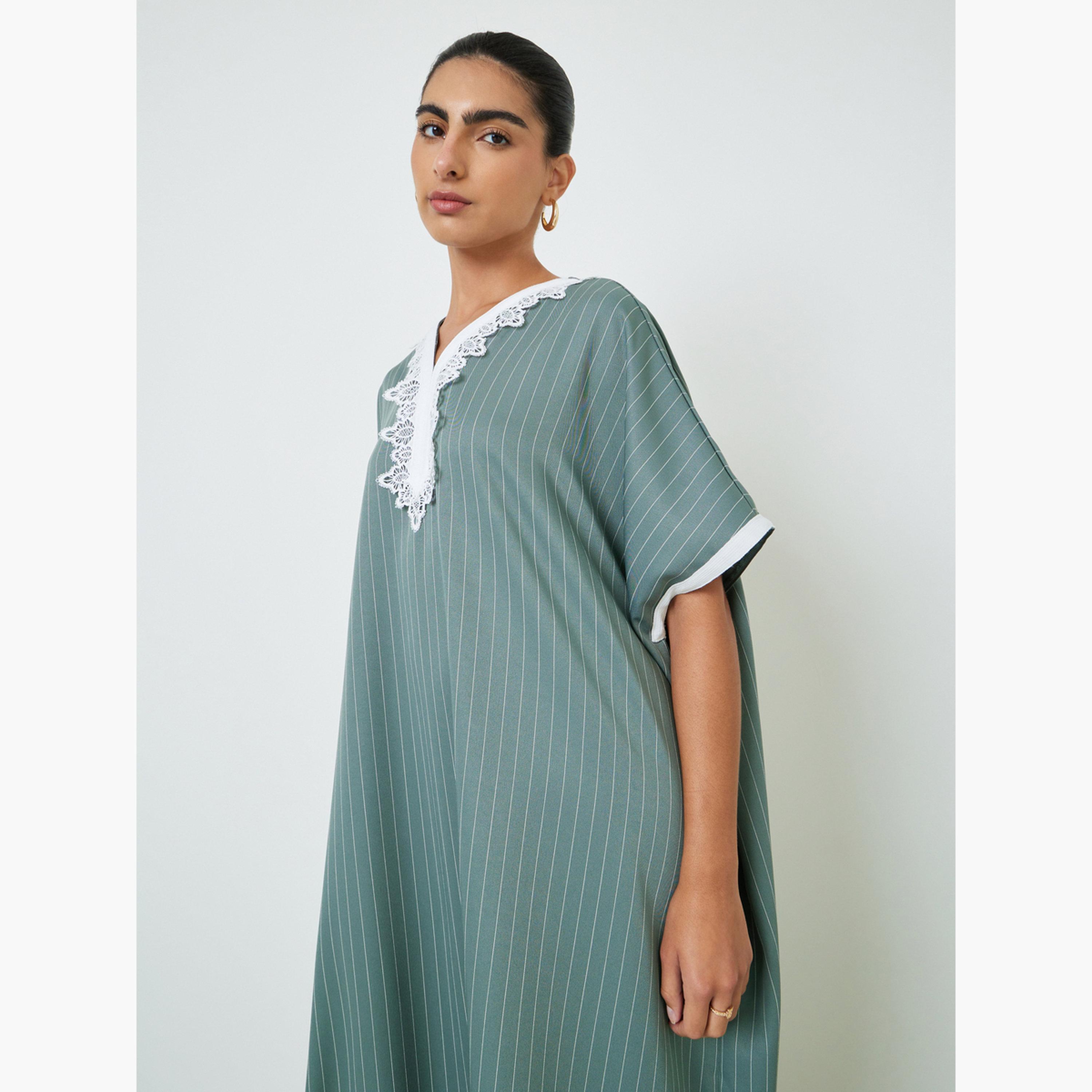 Styli Green Striped Jalabiya with Lace Trim-women-arabicclothing-jalabiyas-image-2