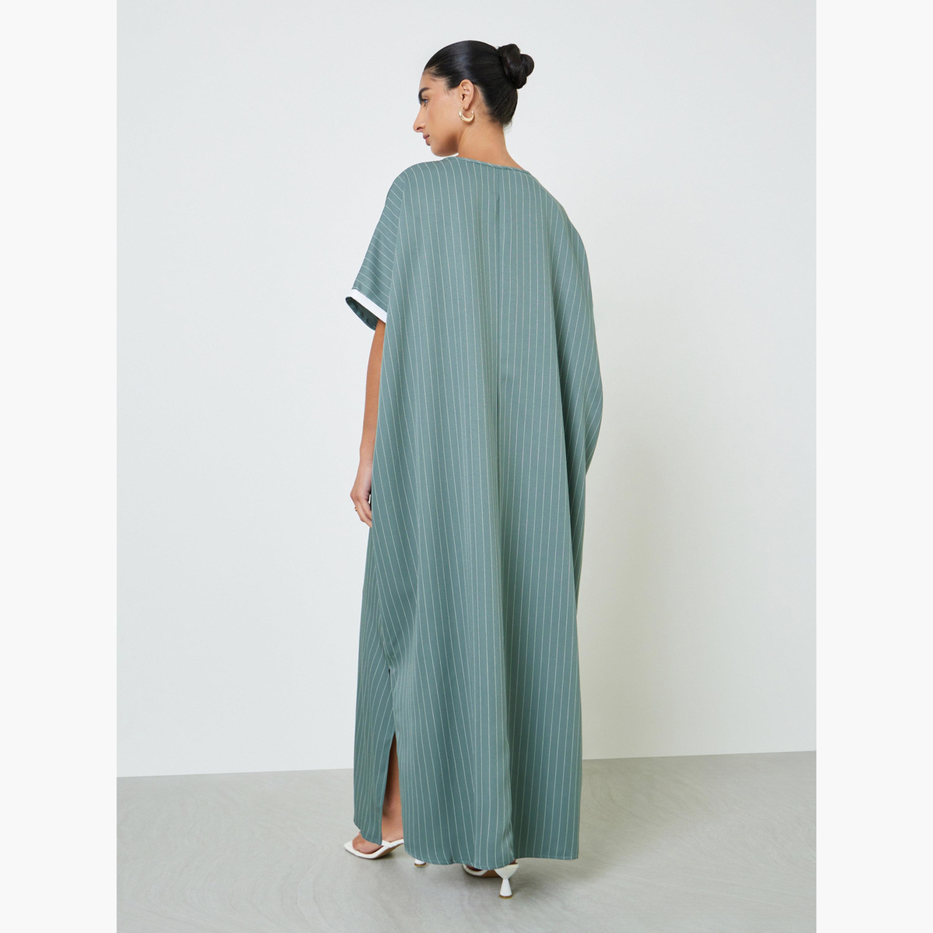 Styli Green Striped Jalabiya with Lace Trim-women-arabicclothing-jalabiyas-image-3