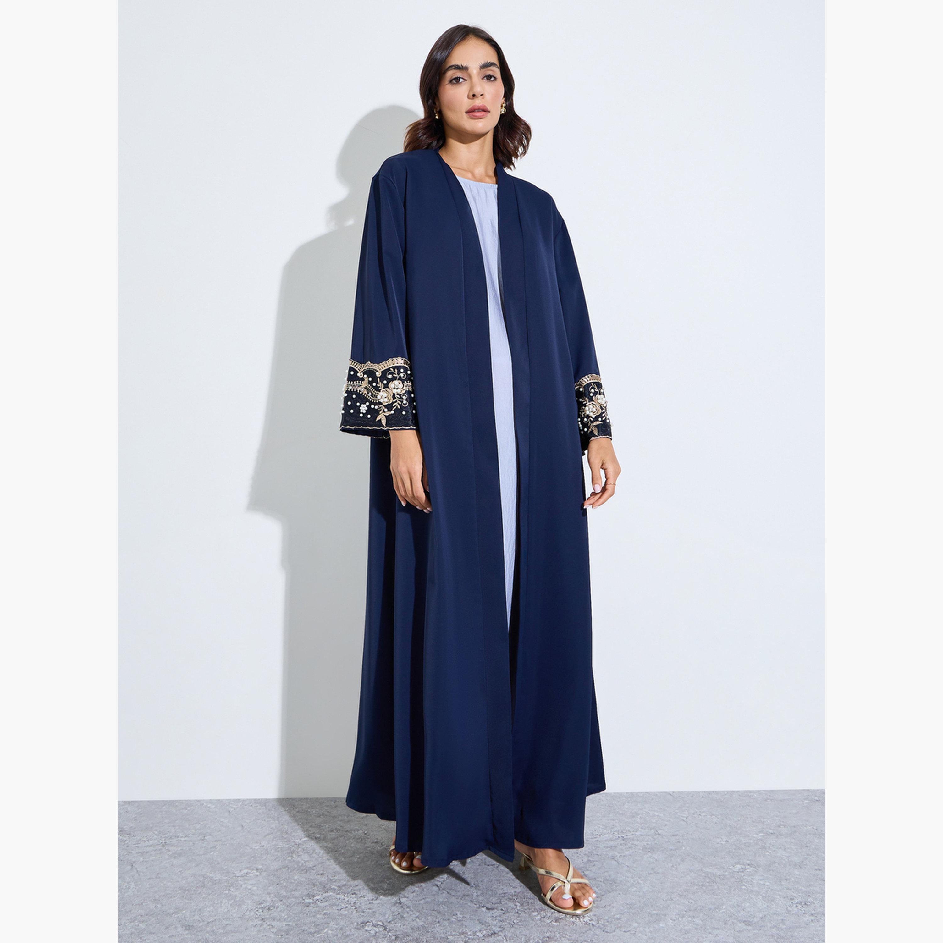 ستايلي - عباءة زرقاء داكنة مطرزة بتفاصيل من الترتر-women-arabicclothing-abayas-image-1