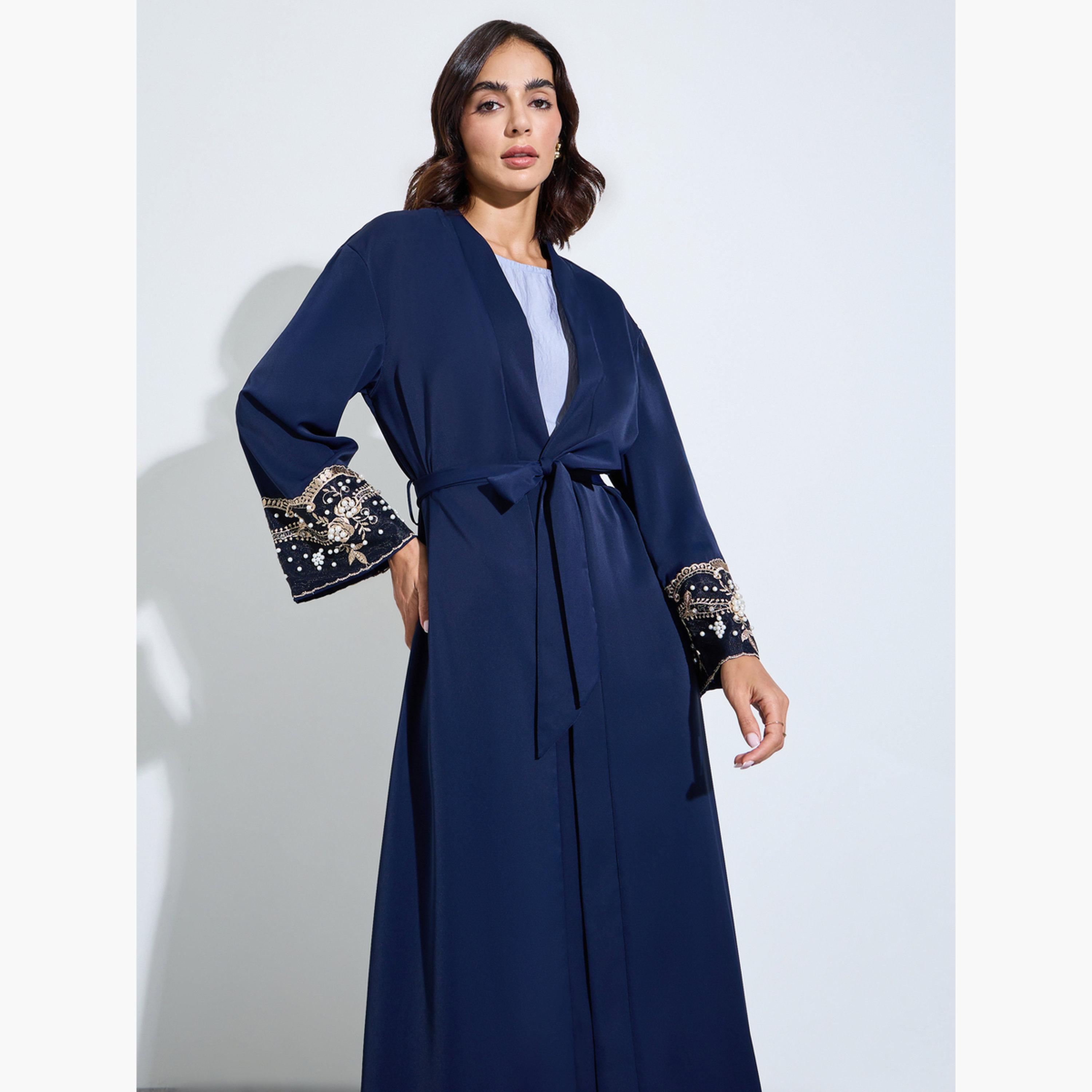 ستايلي - عباءة زرقاء داكنة مطرزة بتفاصيل من الترتر-women-arabicclothing-abayas-image-2