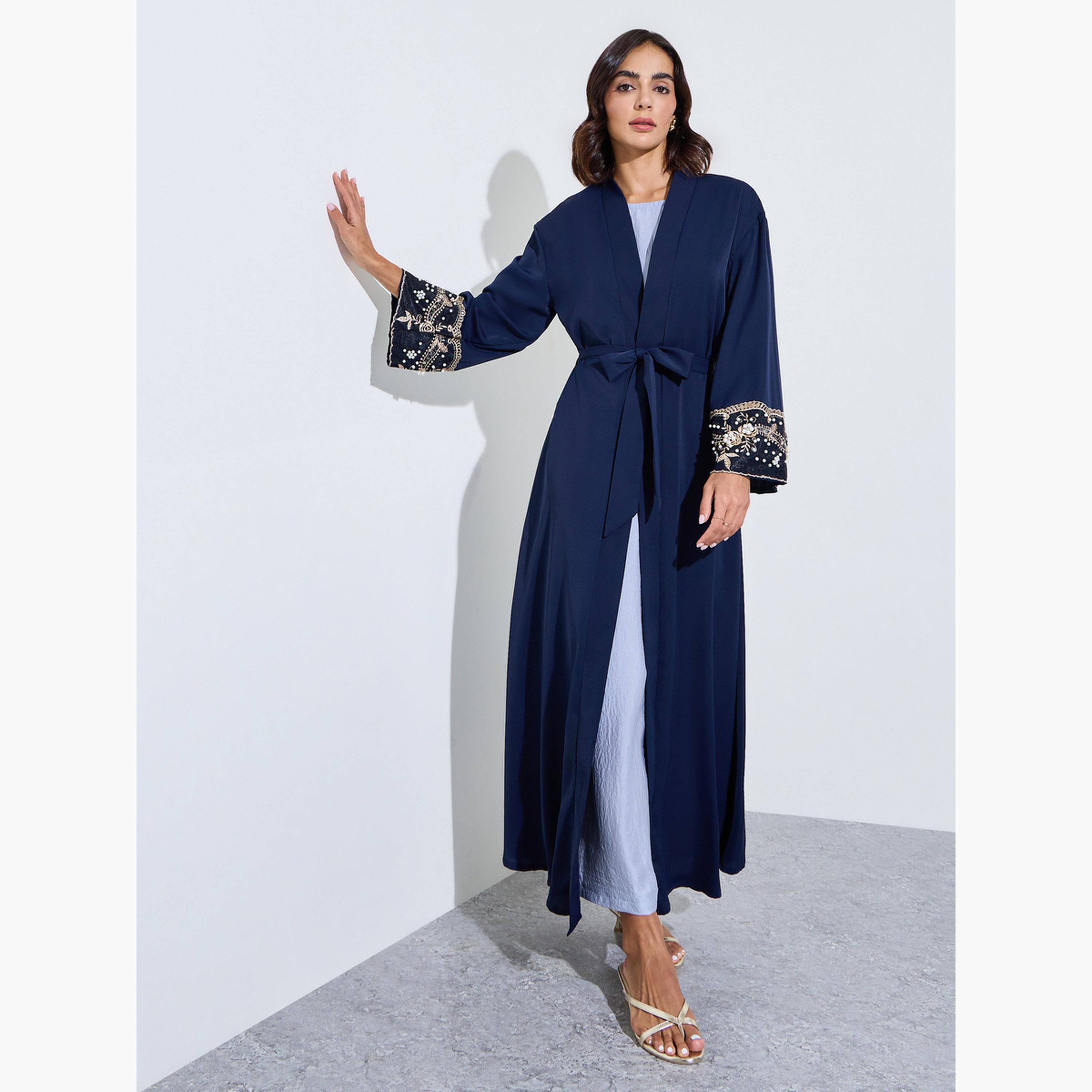 ستايلي - عباءة زرقاء داكنة مطرزة بتفاصيل من الترتر-women-arabicclothing-abayas-image-3