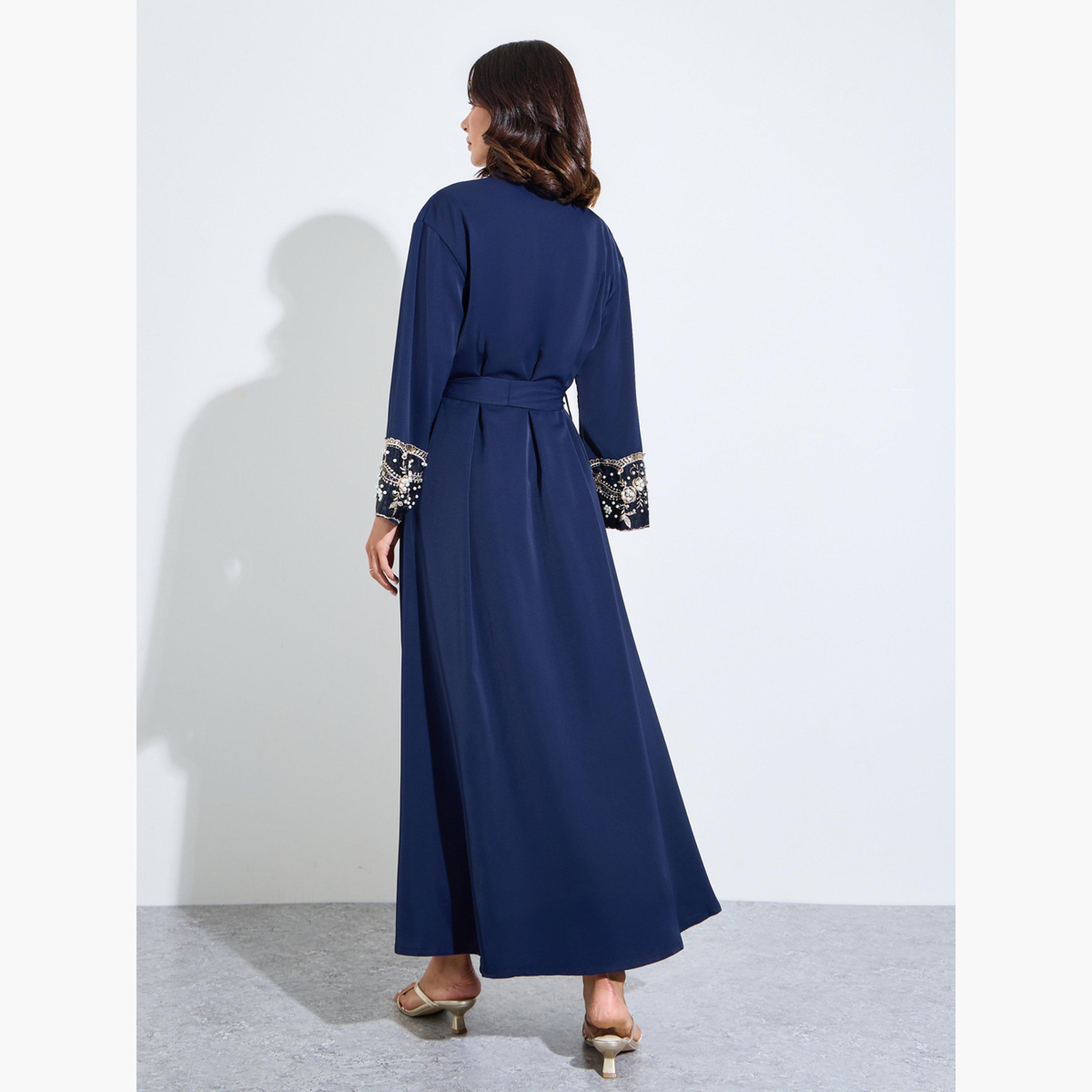 ستايلي - عباءة زرقاء داكنة مطرزة بتفاصيل من الترتر-women-arabicclothing-abayas-image-4