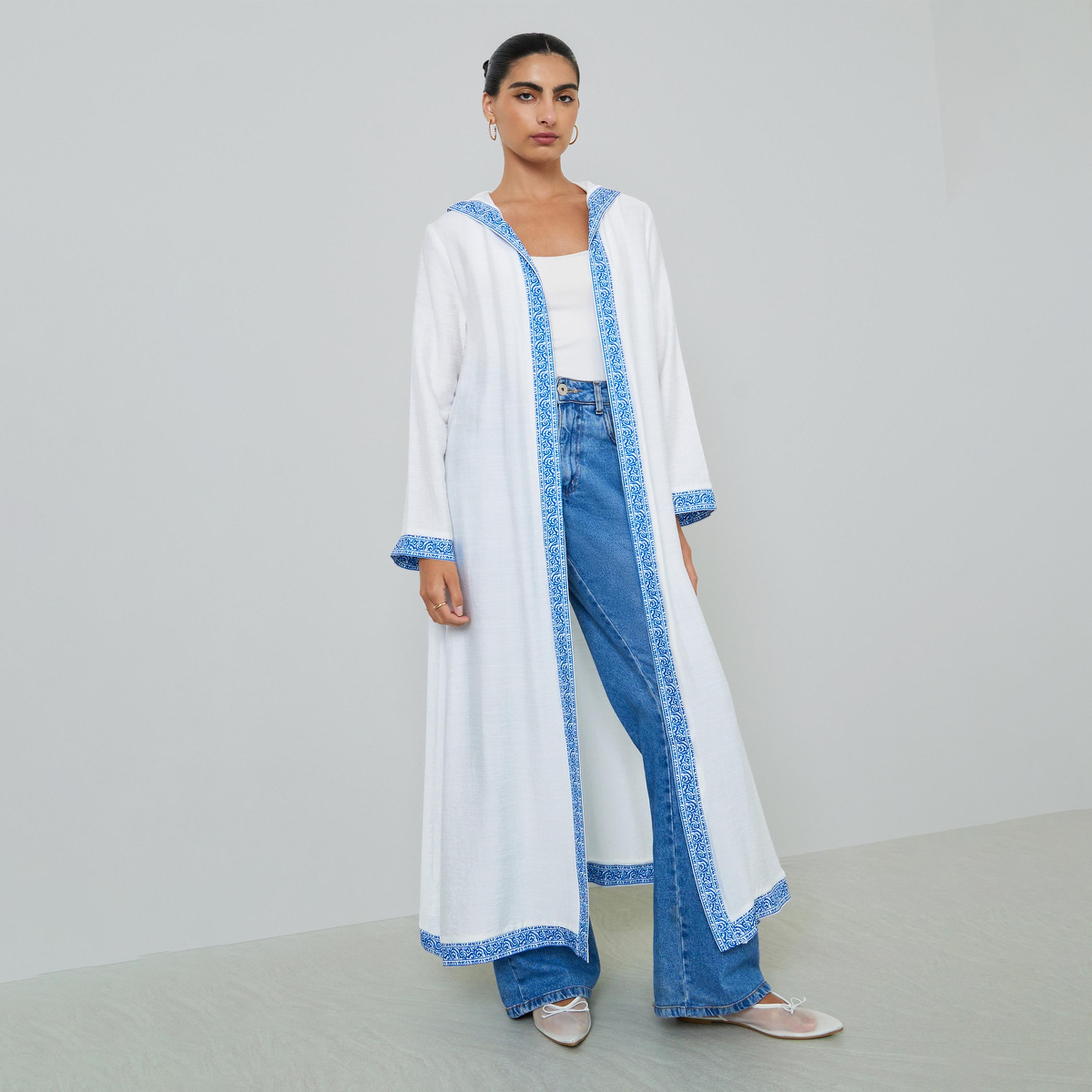 Styli White Printed Panel Hooded Abaya-women-arabicclothing-abayas-image-1