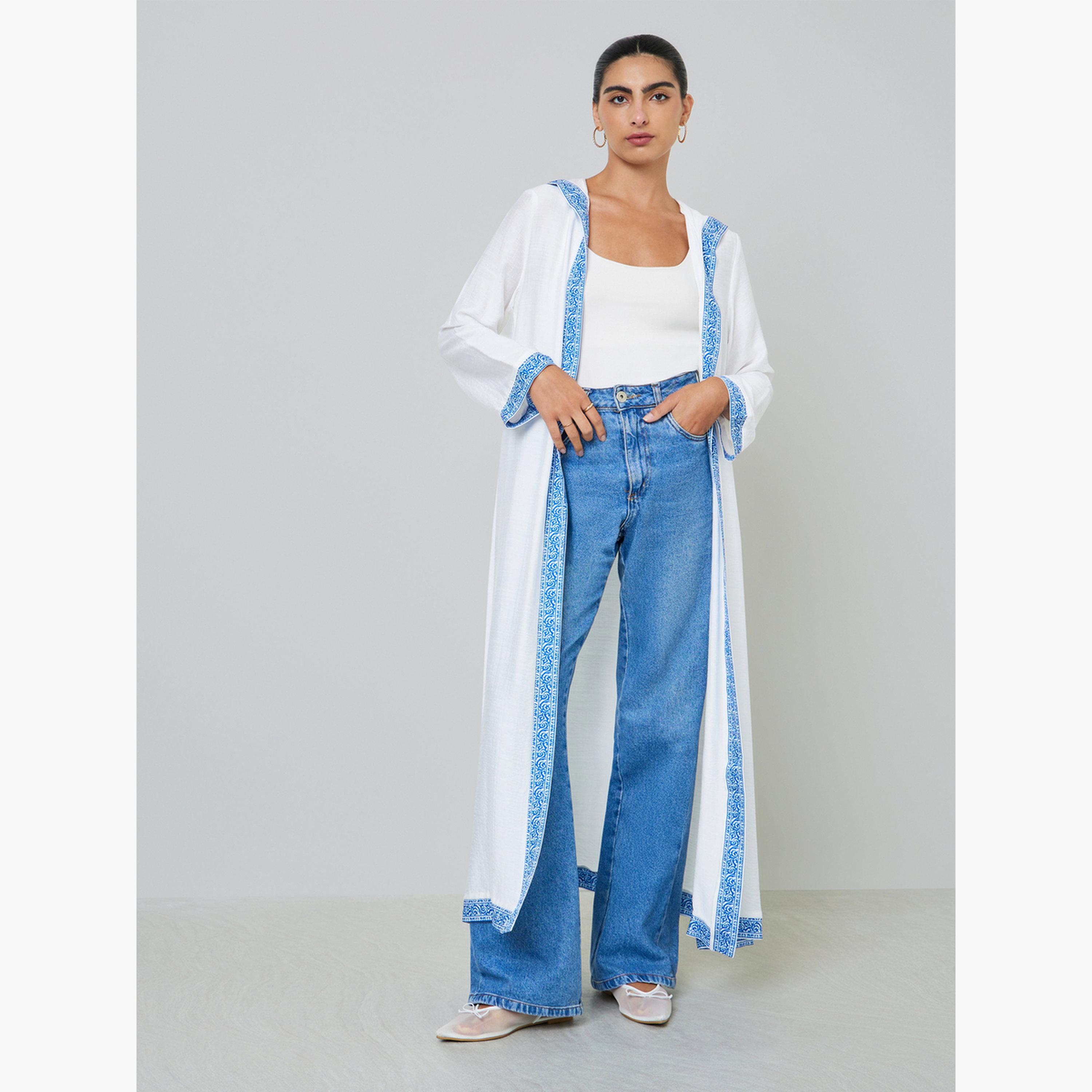 Styli White Printed Panel Hooded Abaya-women-arabicclothing-abayas-image-3