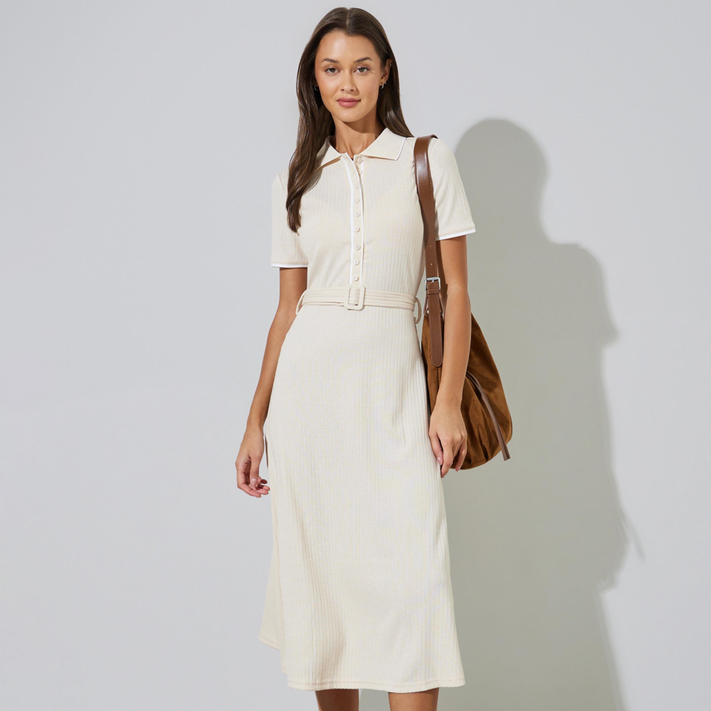 Styli Cream Ribbed Belted Waist Shirt Midi Dress-women-clothing-dresses-image-1