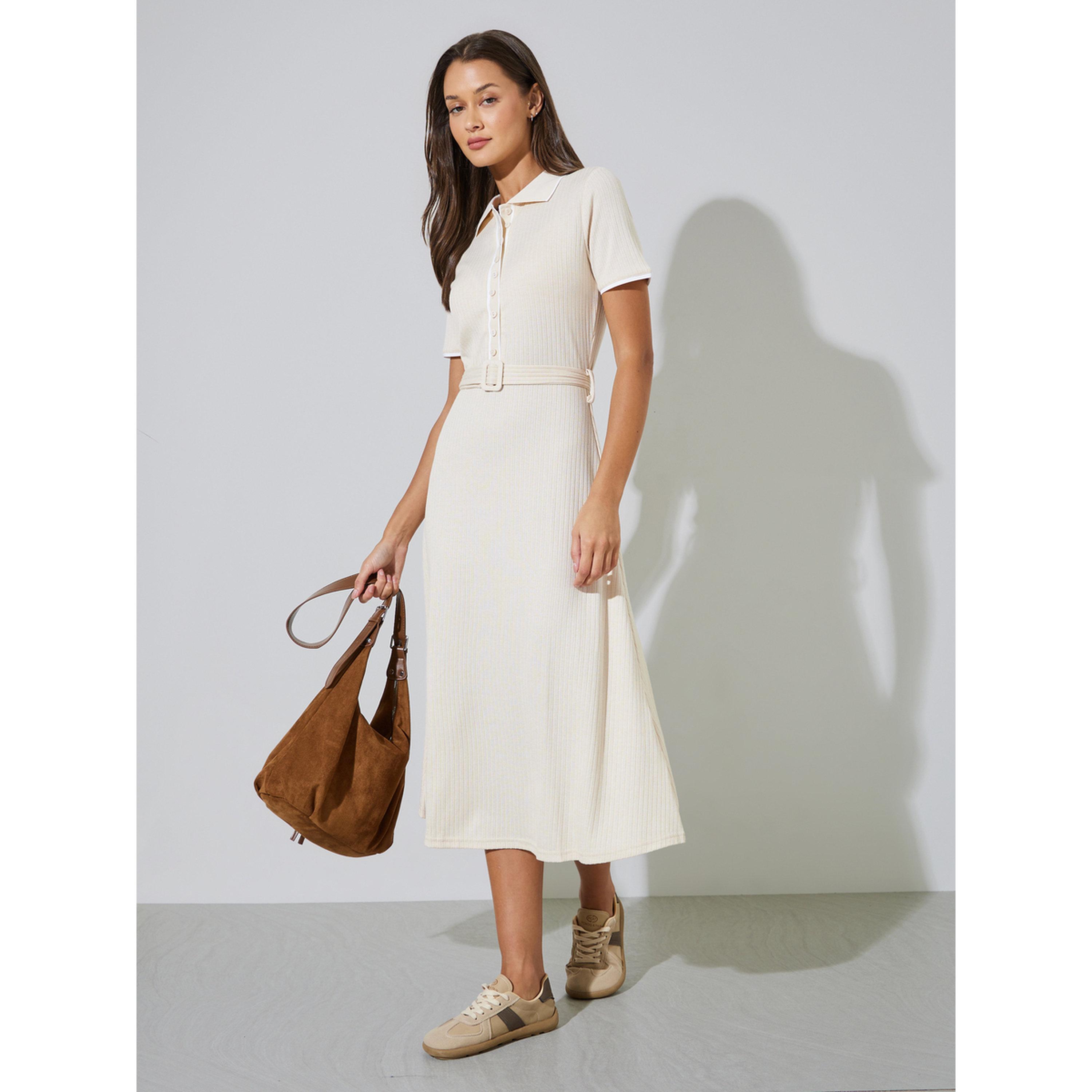 Styli Cream Ribbed Belted Waist Shirt Midi Dress-women-clothing-dresses-image-2