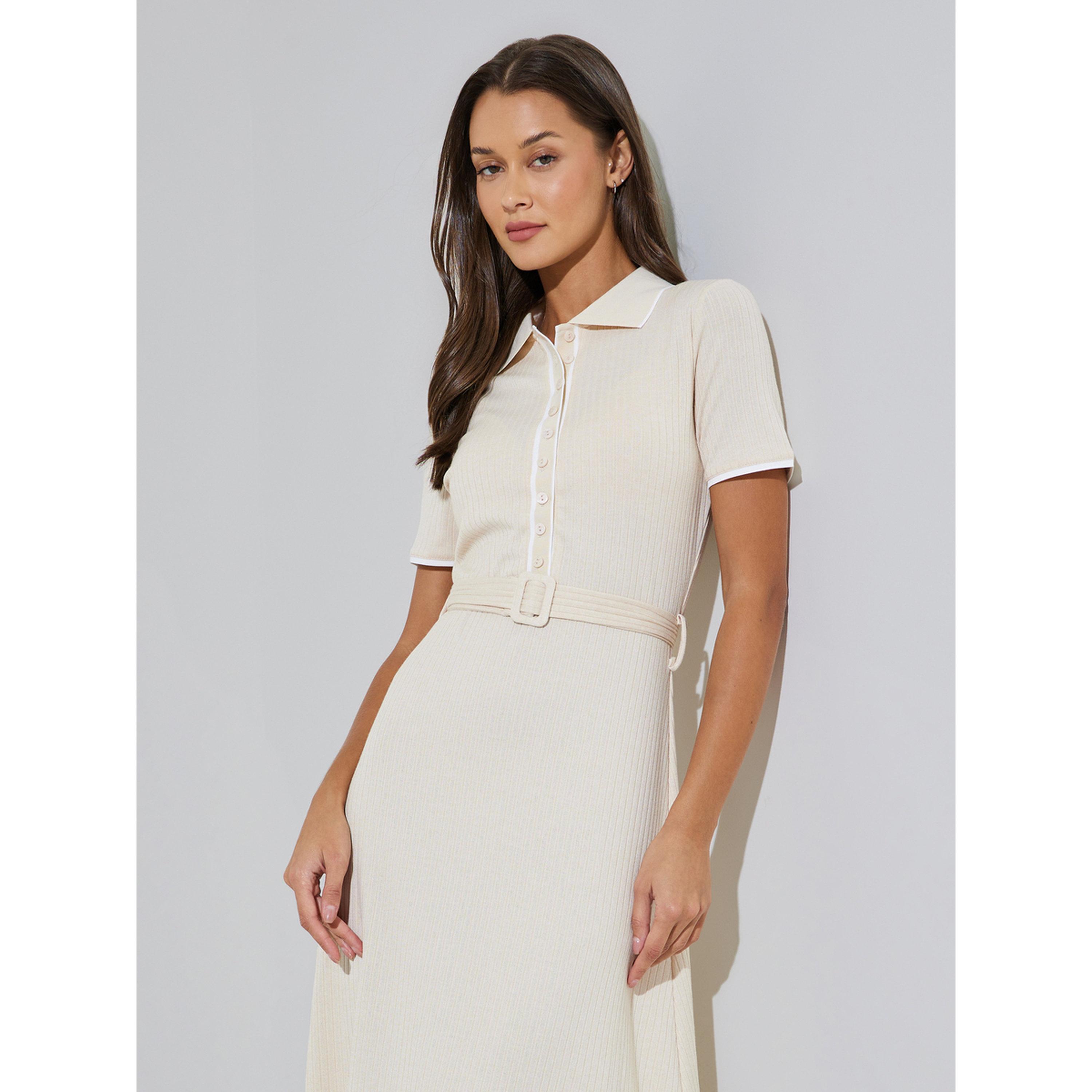 Styli Cream Ribbed Belted Waist Shirt Midi Dress-women-clothing-dresses-image-3