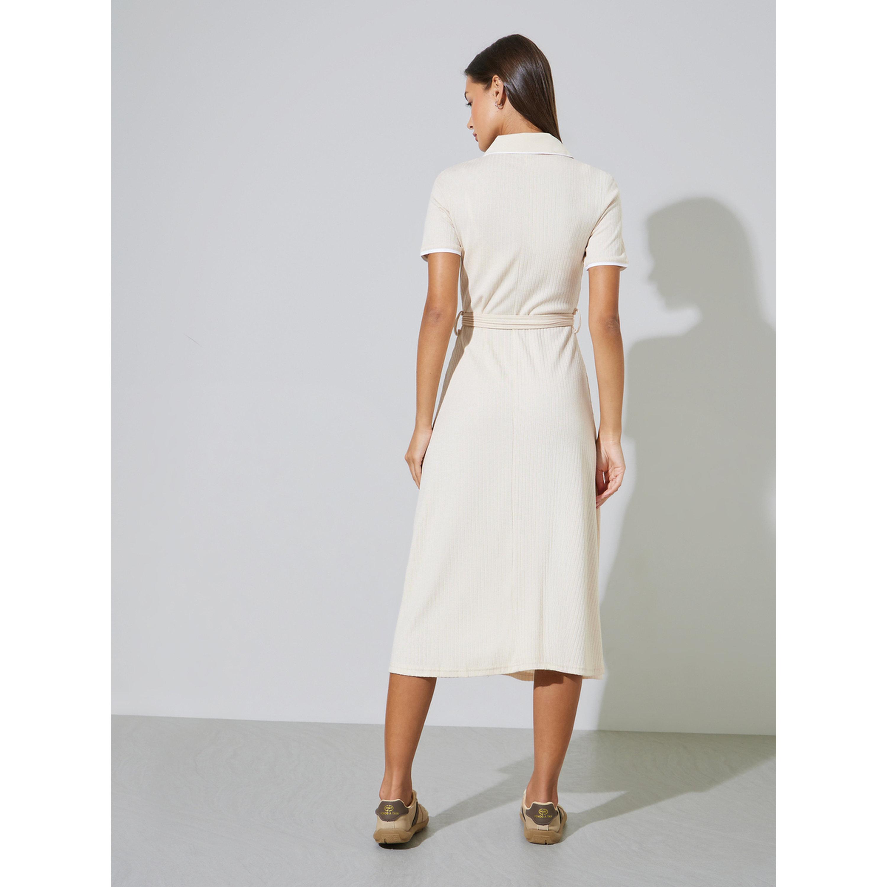 Styli Cream Ribbed Belted Waist Shirt Midi Dress-women-clothing-dresses-image-4