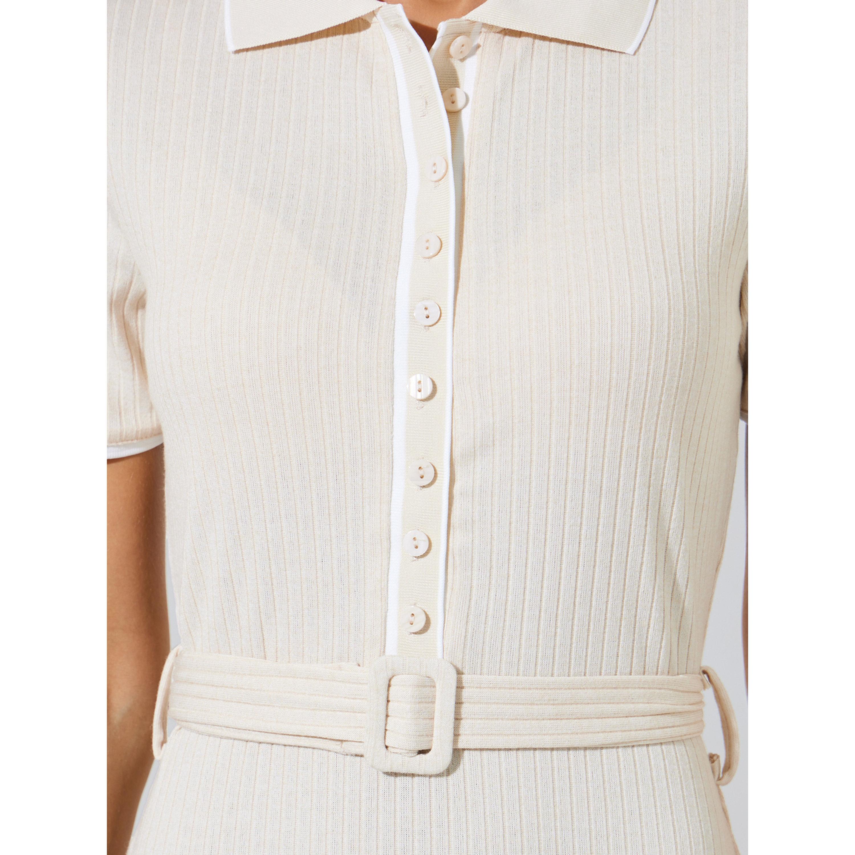 Styli Cream Ribbed Belted Waist Shirt Midi Dress-women-clothing-dresses-image-5