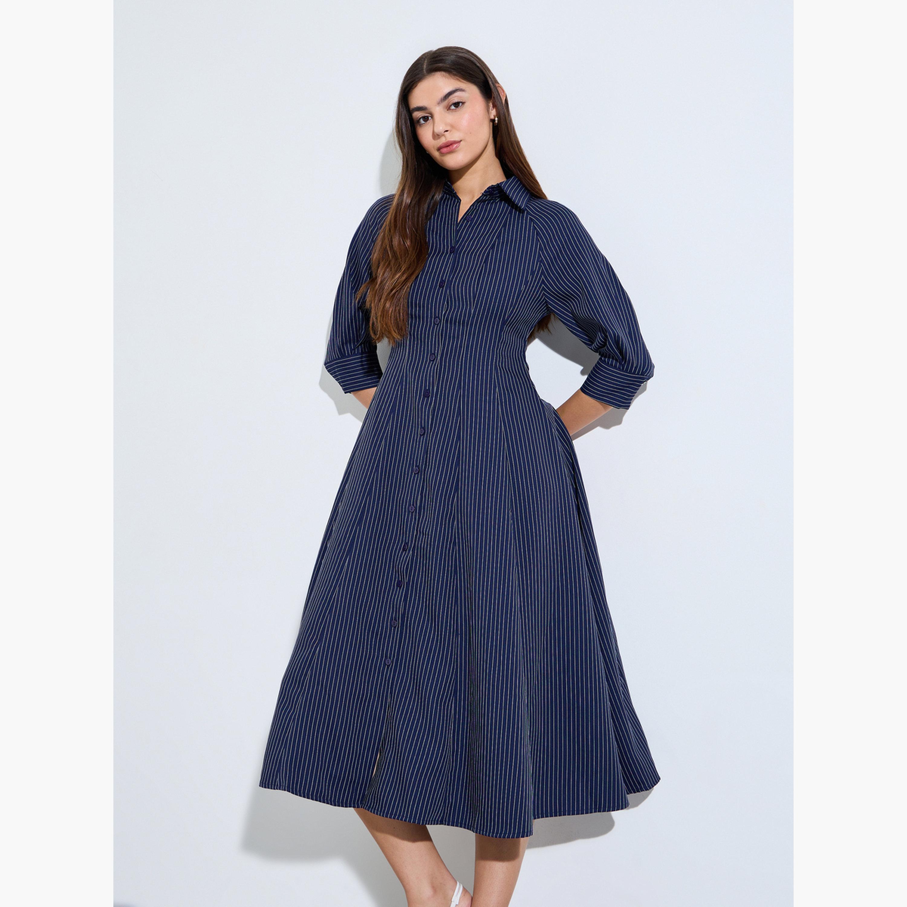 Styli Navy Blue Striped Shirt Midi Dress-women-clothing-dresses-image-1