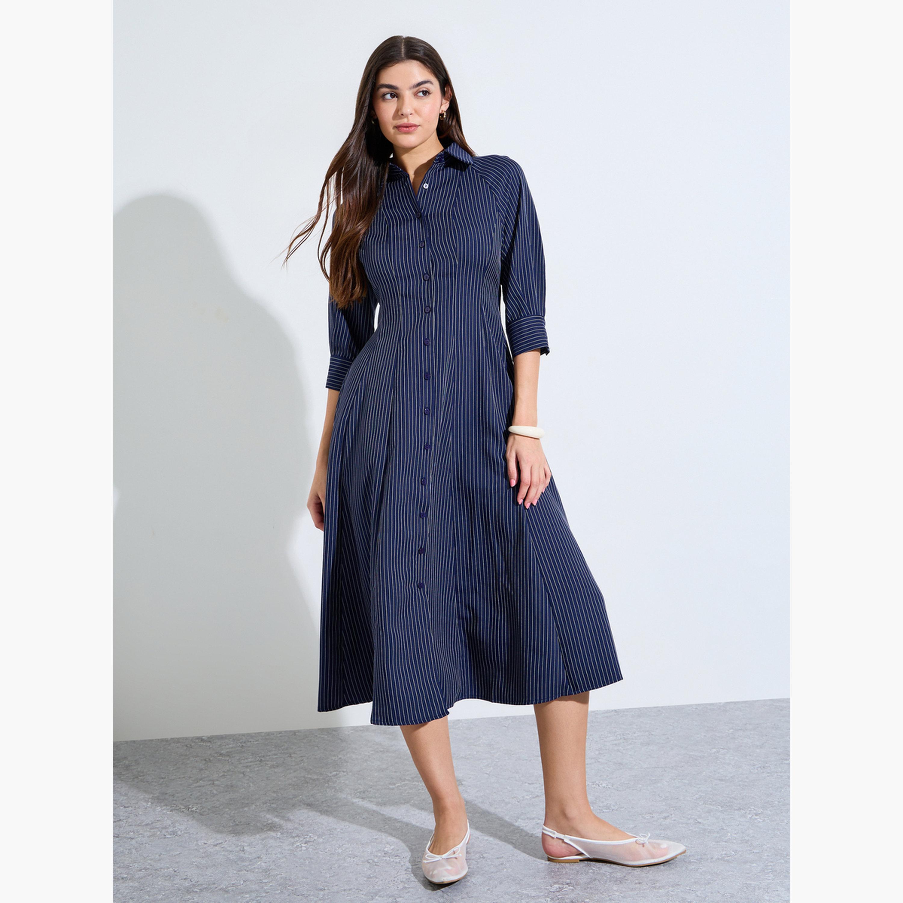 Styli Navy Blue Striped Shirt Midi Dress-women-clothing-dresses-image-2