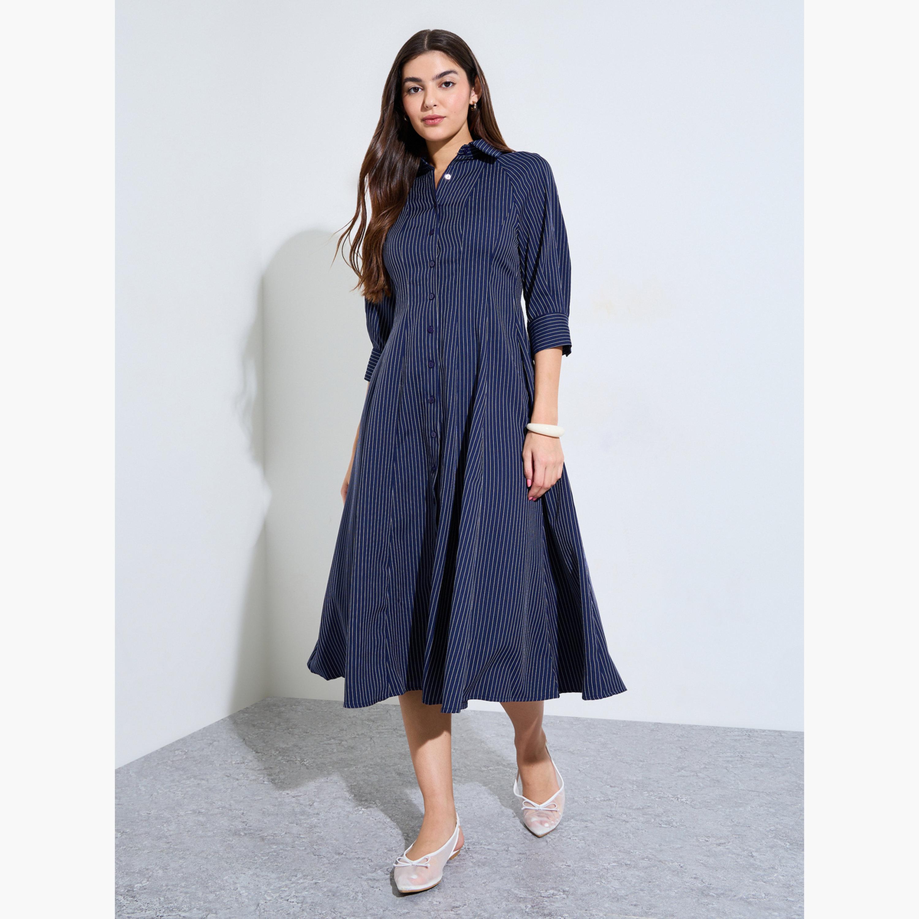 Styli Navy Blue Striped Shirt Midi Dress-women-clothing-dresses-image-3
