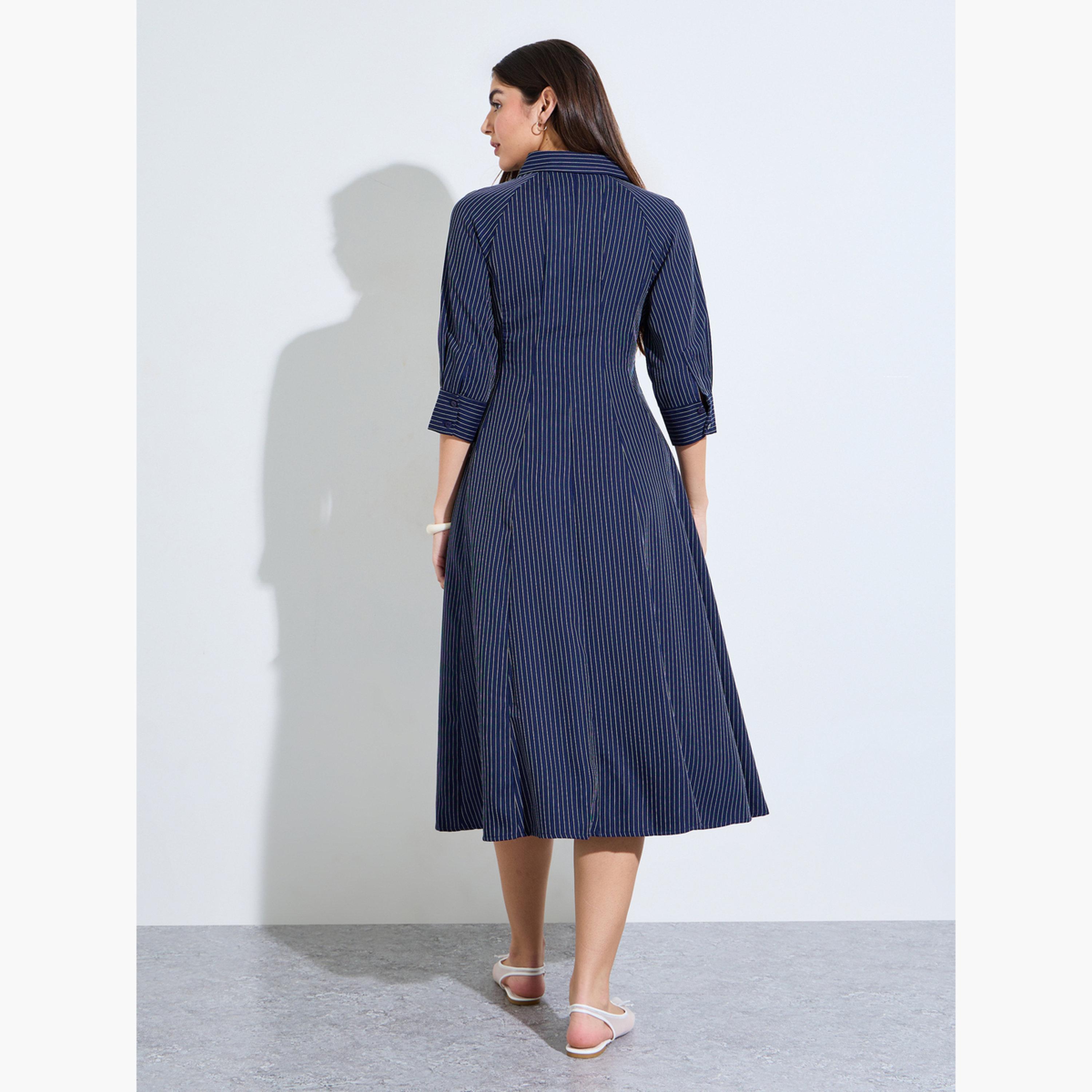 Styli Navy Blue Striped Shirt Midi Dress-women-clothing-dresses-image-4