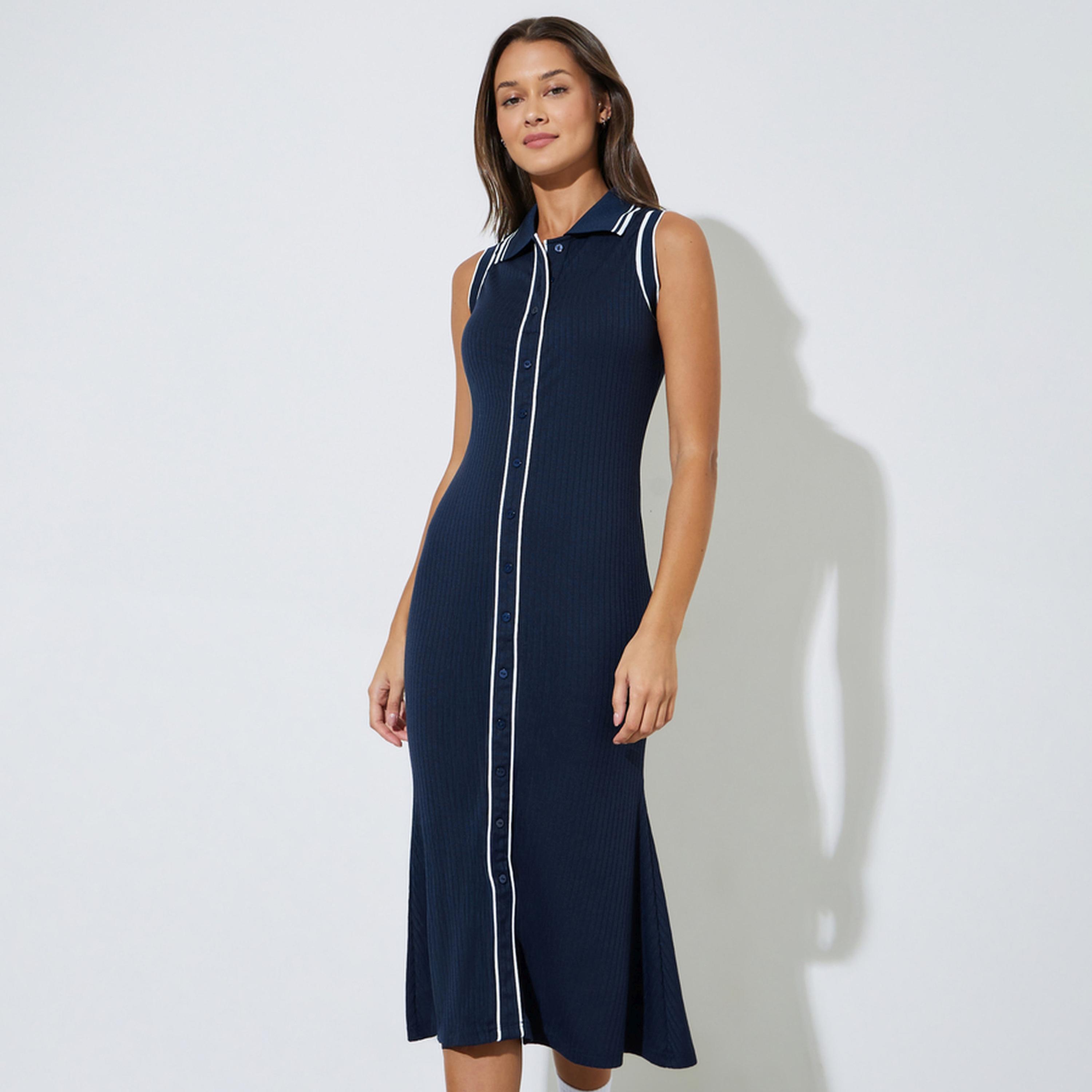 Styli Navy Blue Solid Contrast Trims Collared T-Shirt Midi Dress-women-clothing-dresses-image-1