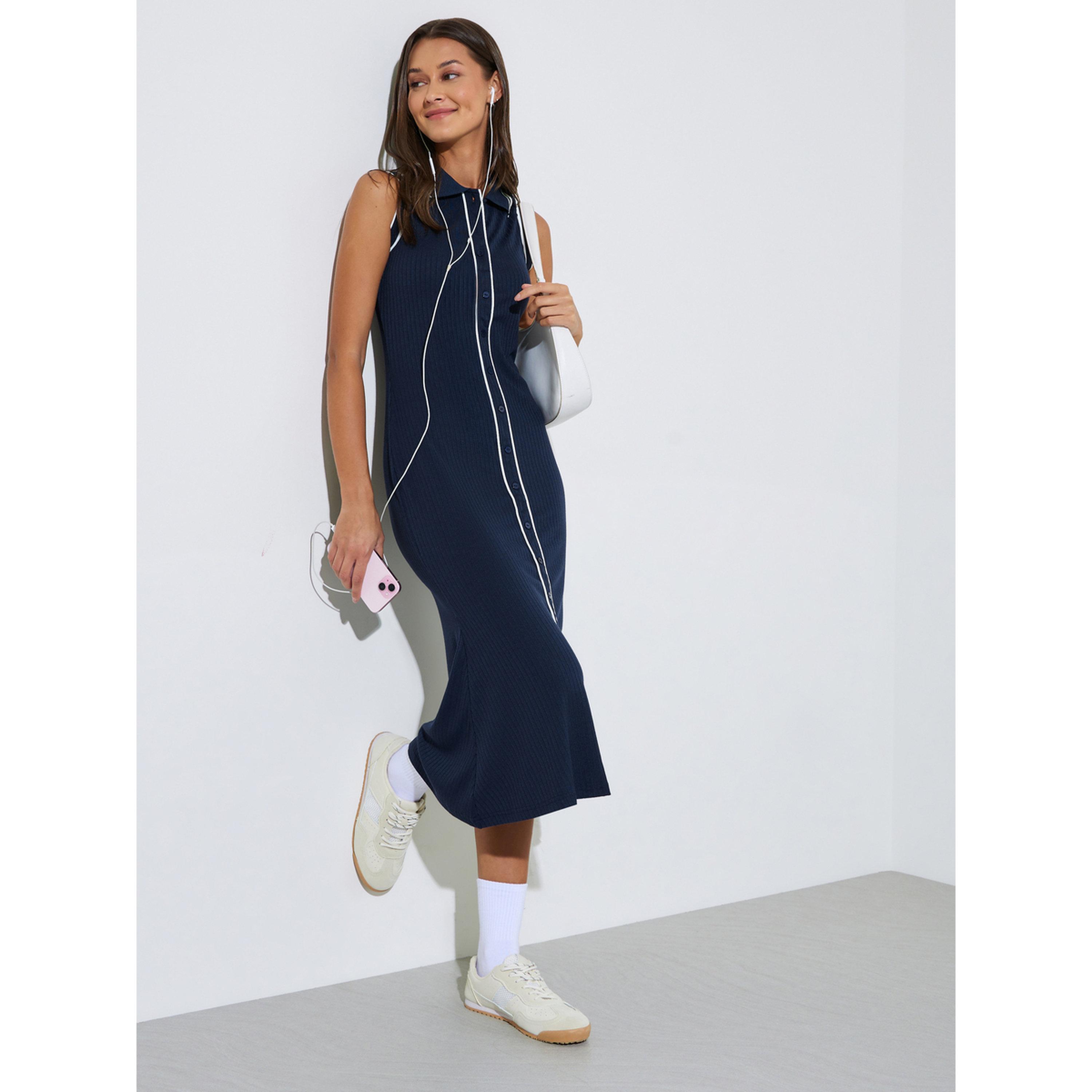 Styli Navy Blue Solid Contrast Trims Collared T-Shirt Midi Dress-women-clothing-dresses-image-2