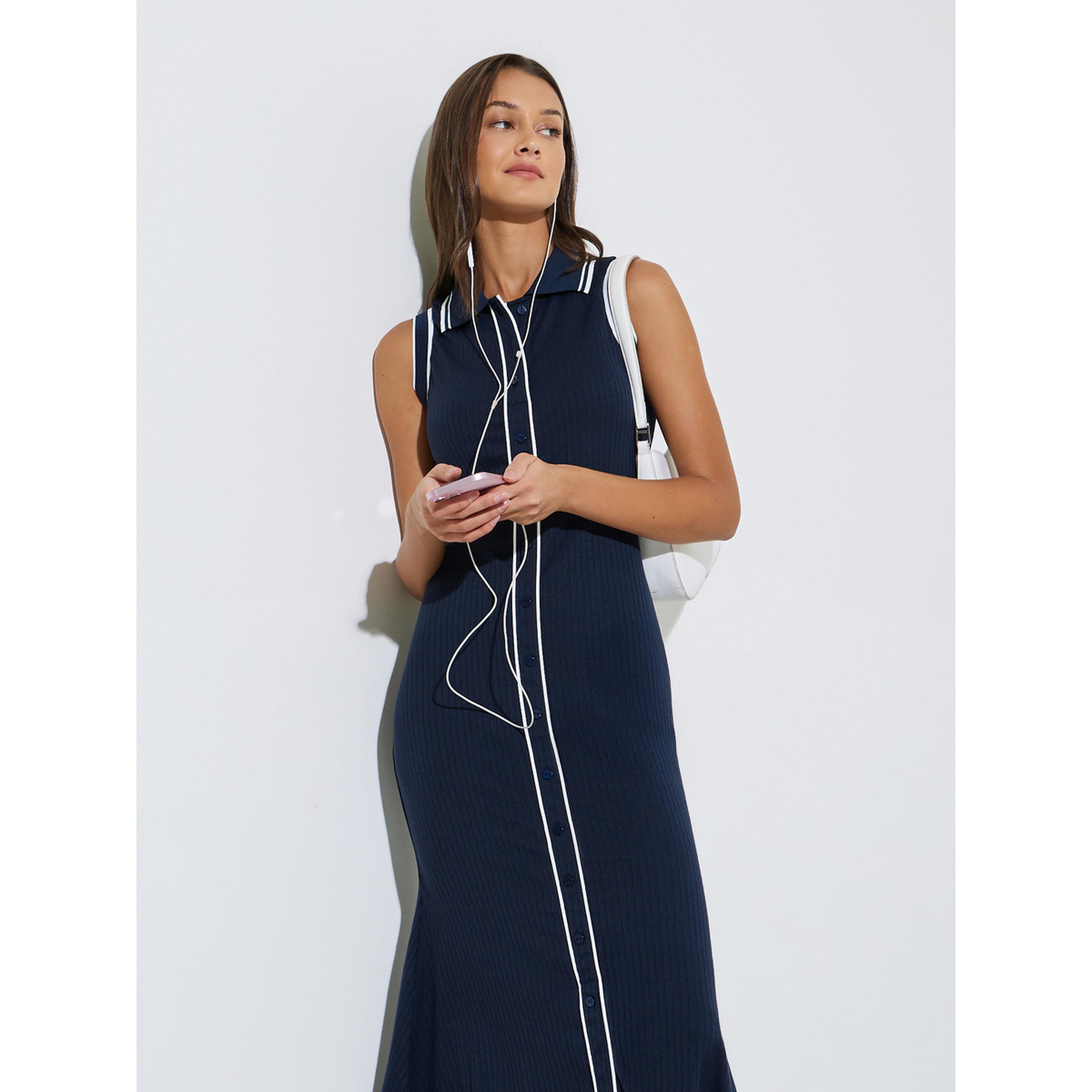 Styli Navy Blue Solid Contrast Trims Collared T-Shirt Midi Dress-women-clothing-dresses-image-3