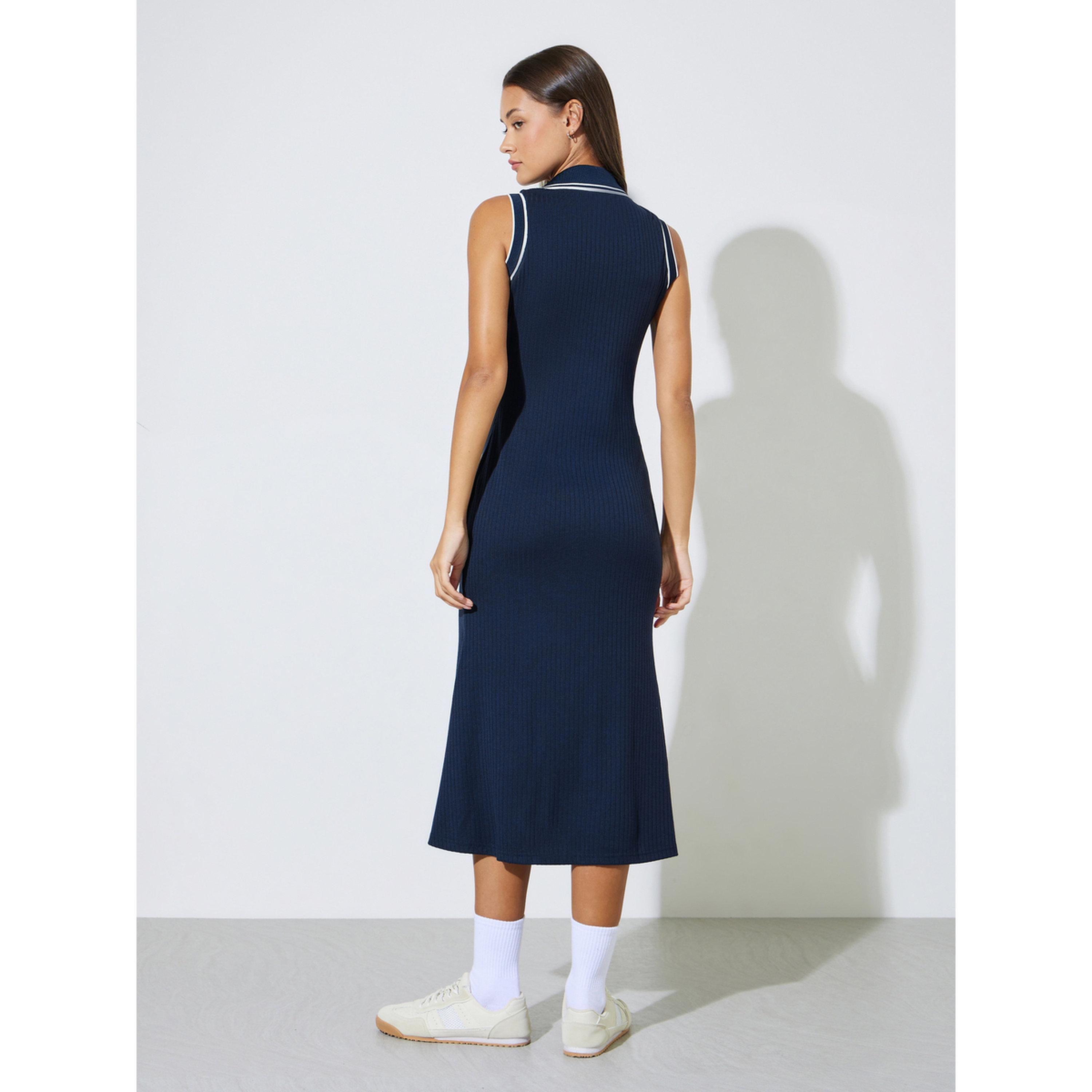 فستان ميدي تيشيرت أزرق داكن سادة بياقة وأطراف متباينة-women-clothing-dresses-image-4