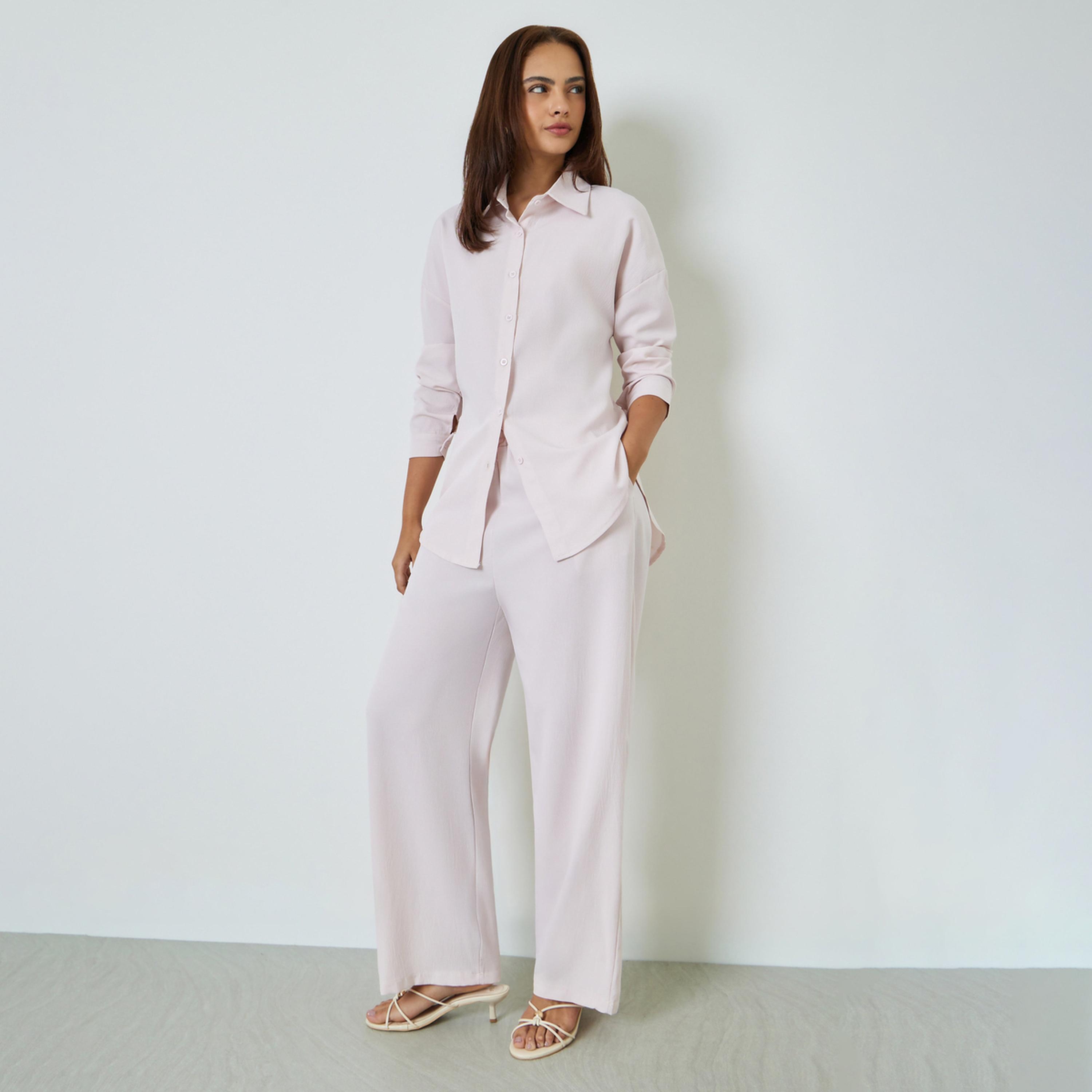 Amirah X Styli Beige Shirt and Wide Leg Pants Set-women-clothing-coordsets-image-1