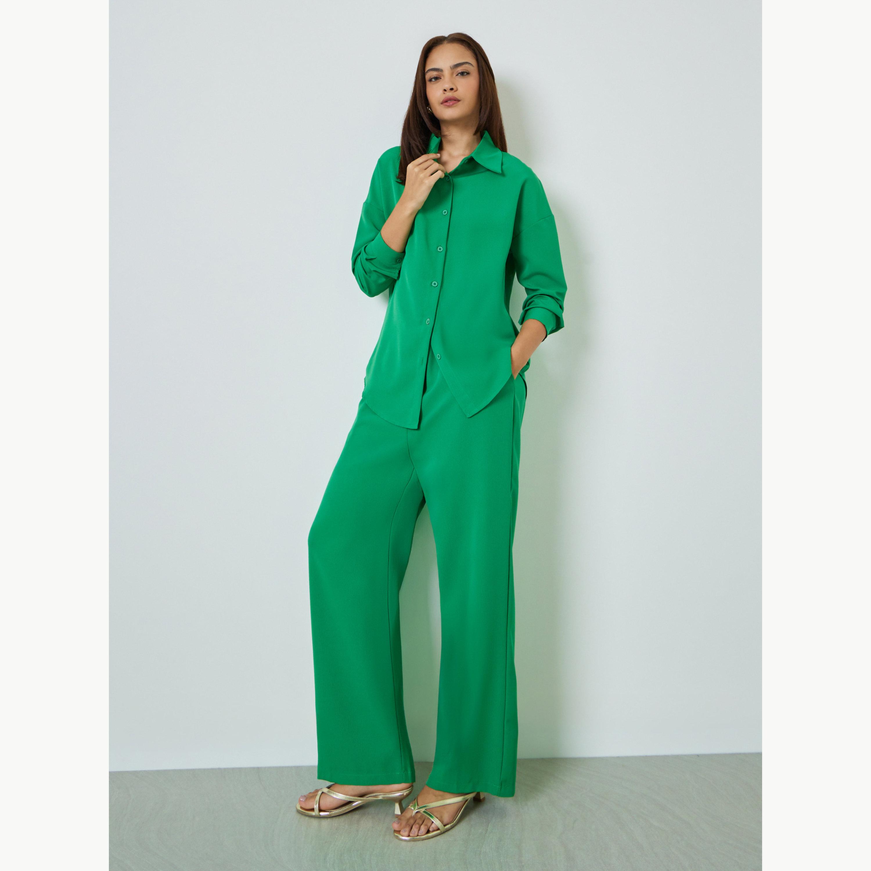 Amirah X Styli Green Solid Shirt and Wide Leg Pants Set-women-clothing-coordsets-image-1