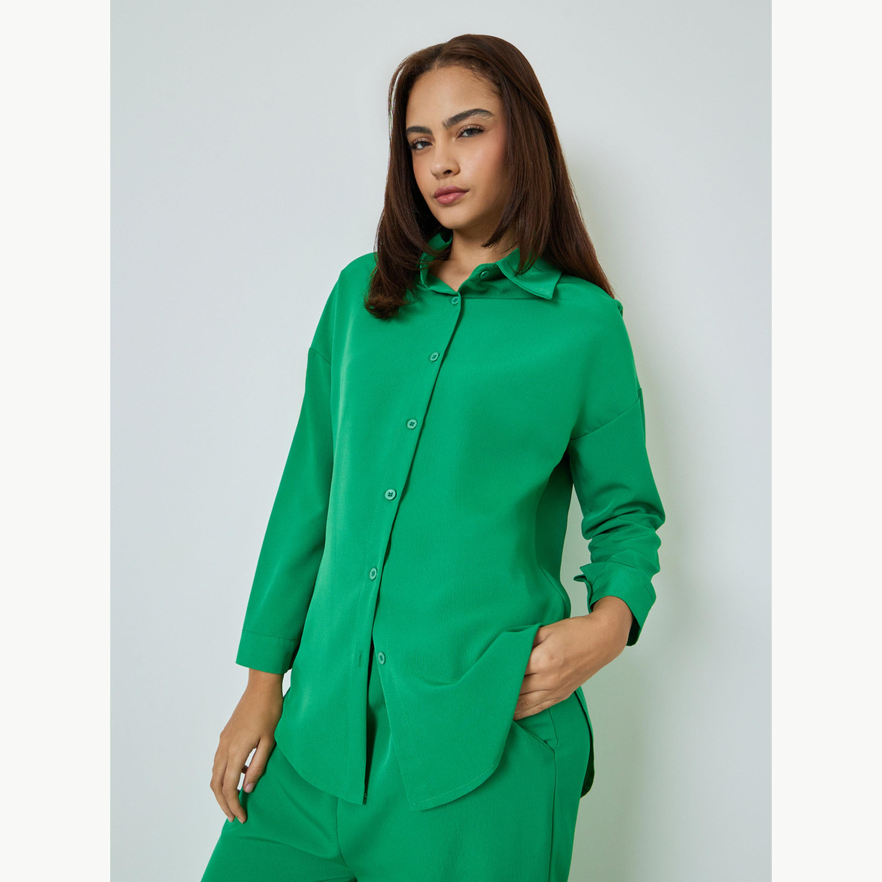 Amirah X Styli Green Solid Shirt and Wide Leg Pants Set-women-clothing-coordsets-image-3