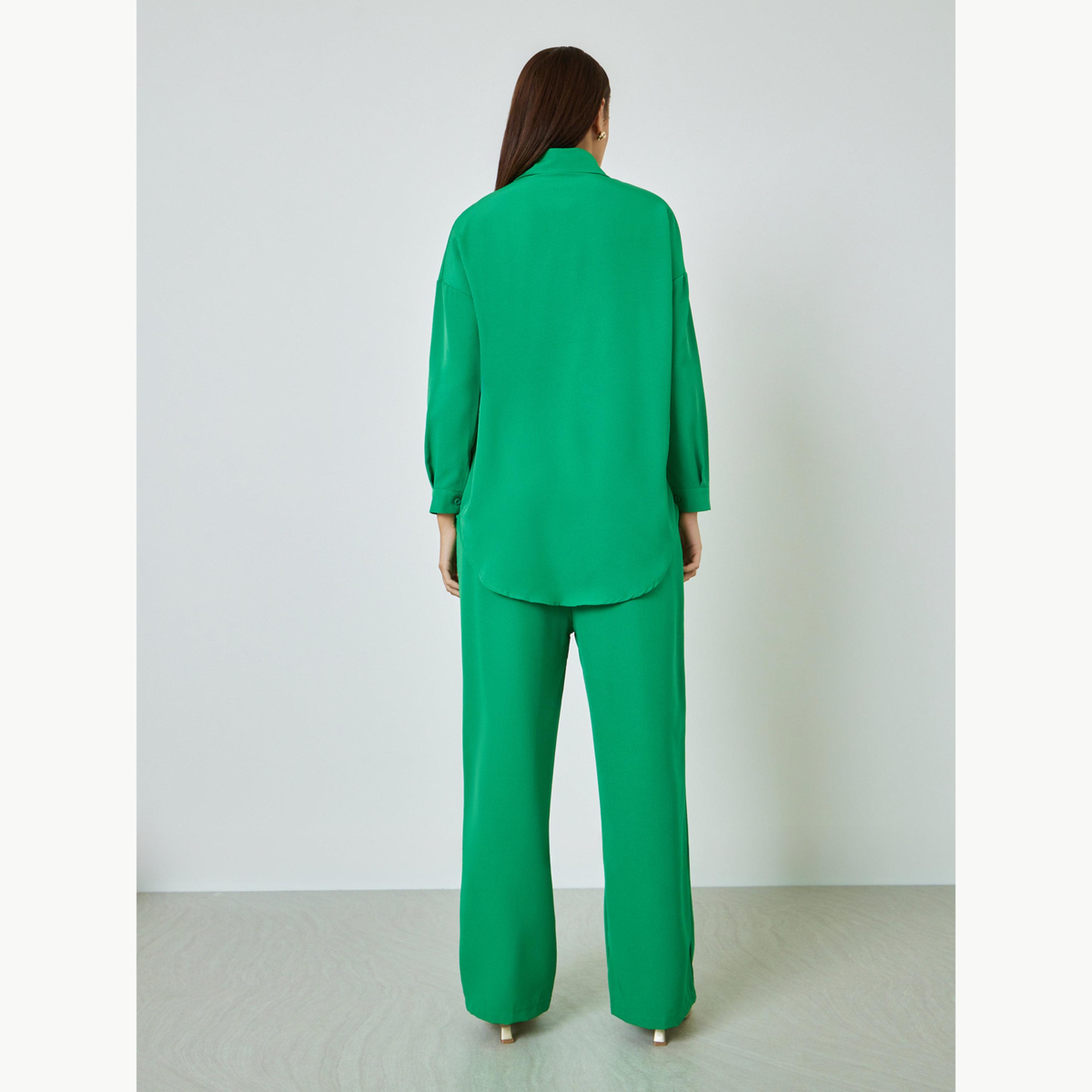 Amirah X Styli Green Solid Shirt and Wide Leg Pants Set-women-clothing-coordsets-image-4