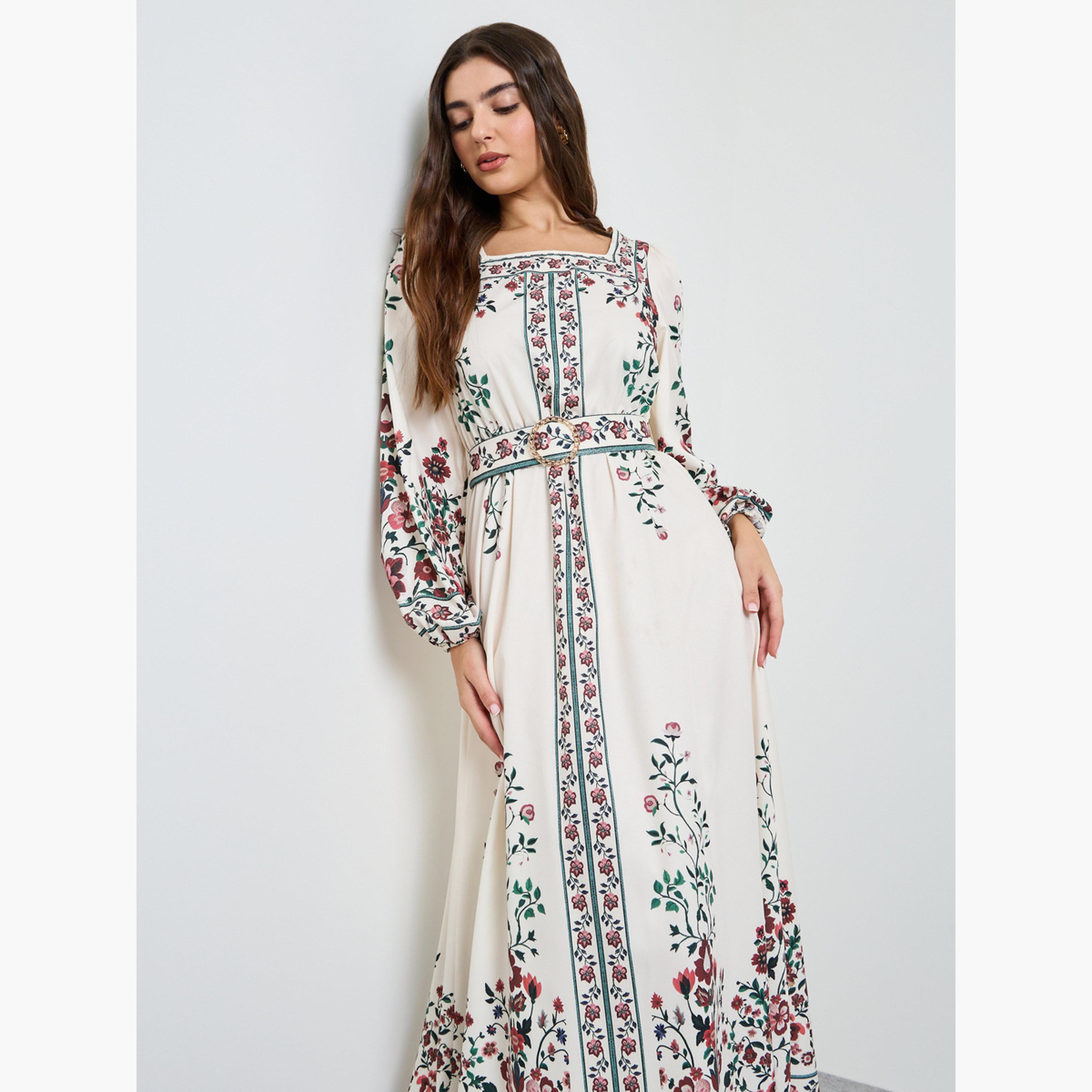 فستان طويل بحافة واسعة وياقة مربعة ونقشة زهور-women-clothing-dresses-image-2
