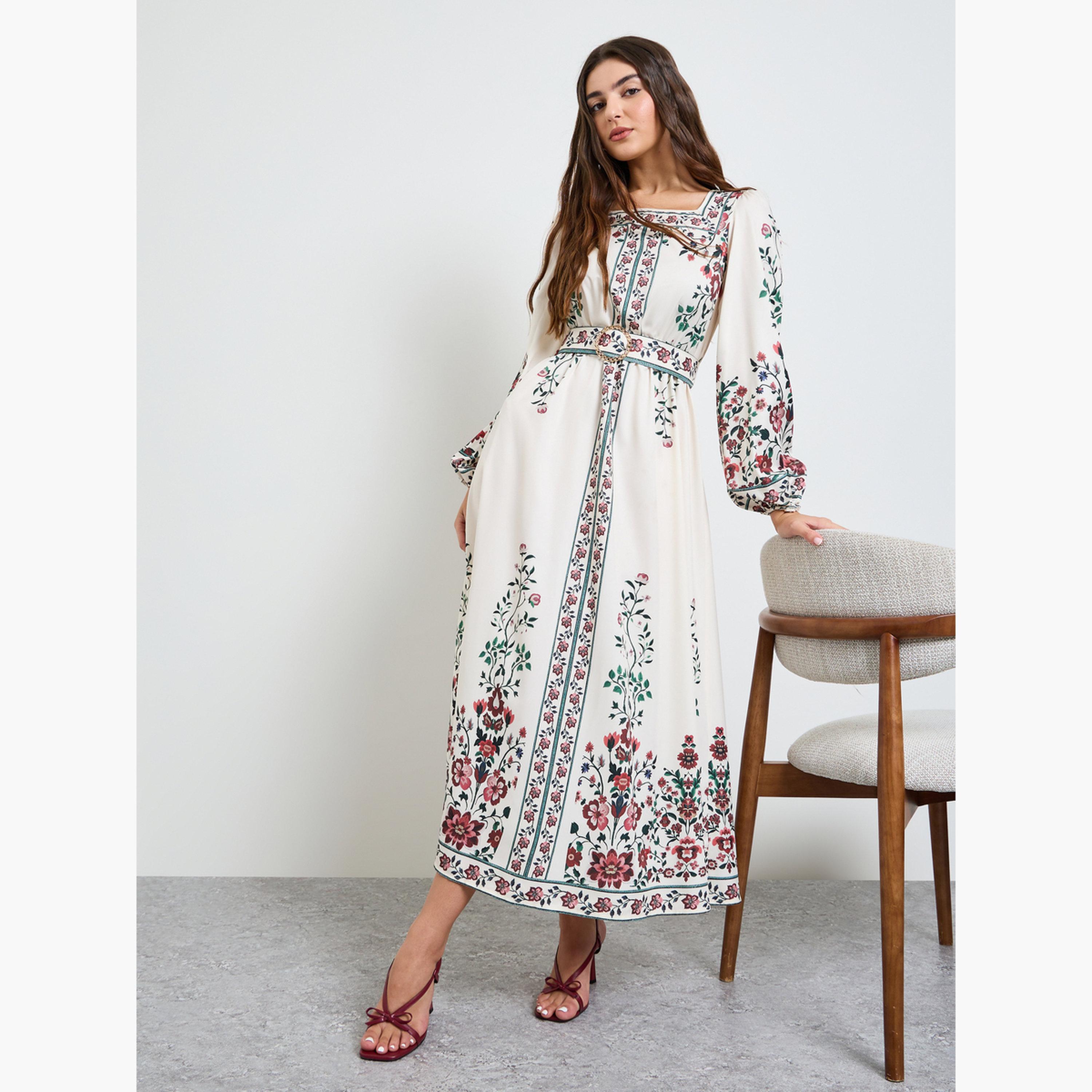 فستان طويل بحافة واسعة وياقة مربعة ونقشة زهور-women-clothing-dresses-image-3