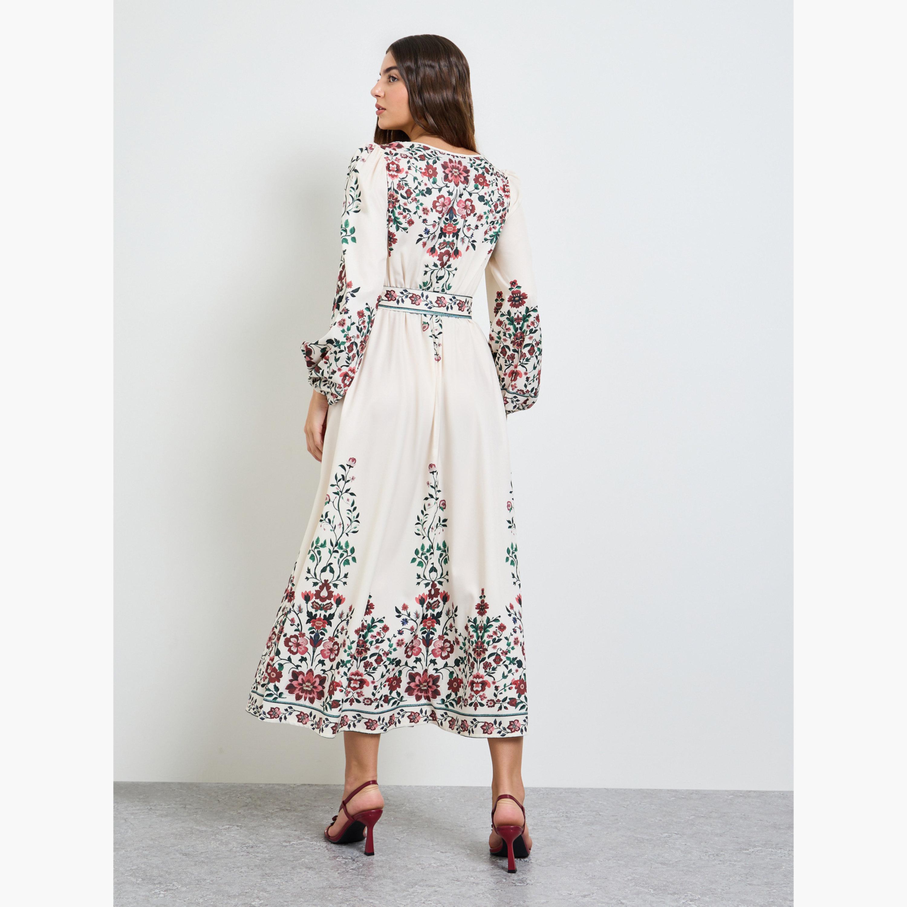 فستان طويل بحافة واسعة وياقة مربعة ونقشة زهور-women-clothing-dresses-image-4