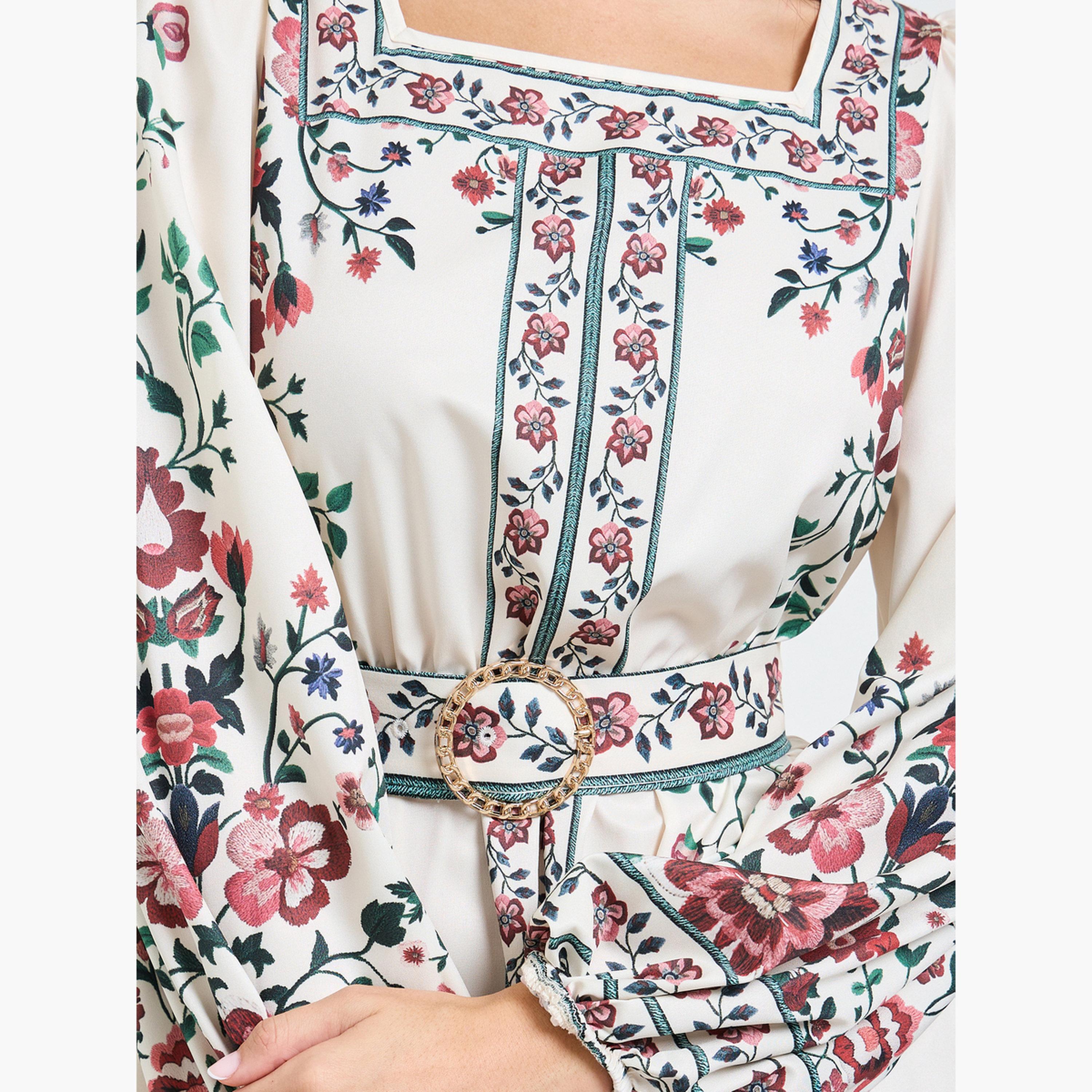 فستان طويل بحافة واسعة وياقة مربعة ونقشة زهور-women-clothing-dresses-image-5
