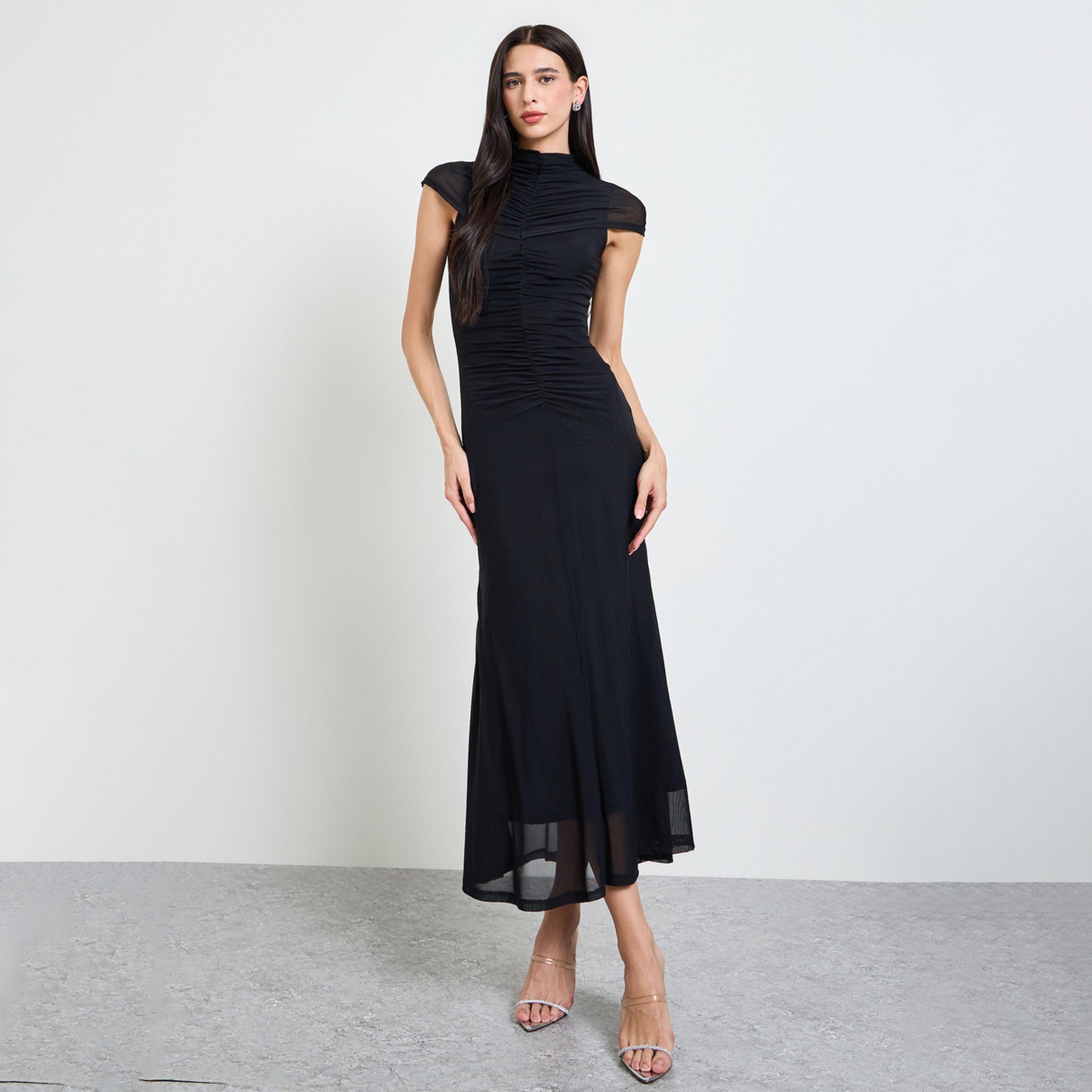 Styli Black Gathered Yoke Sheath Maxi Dress-women-clothing-dresses-image-1