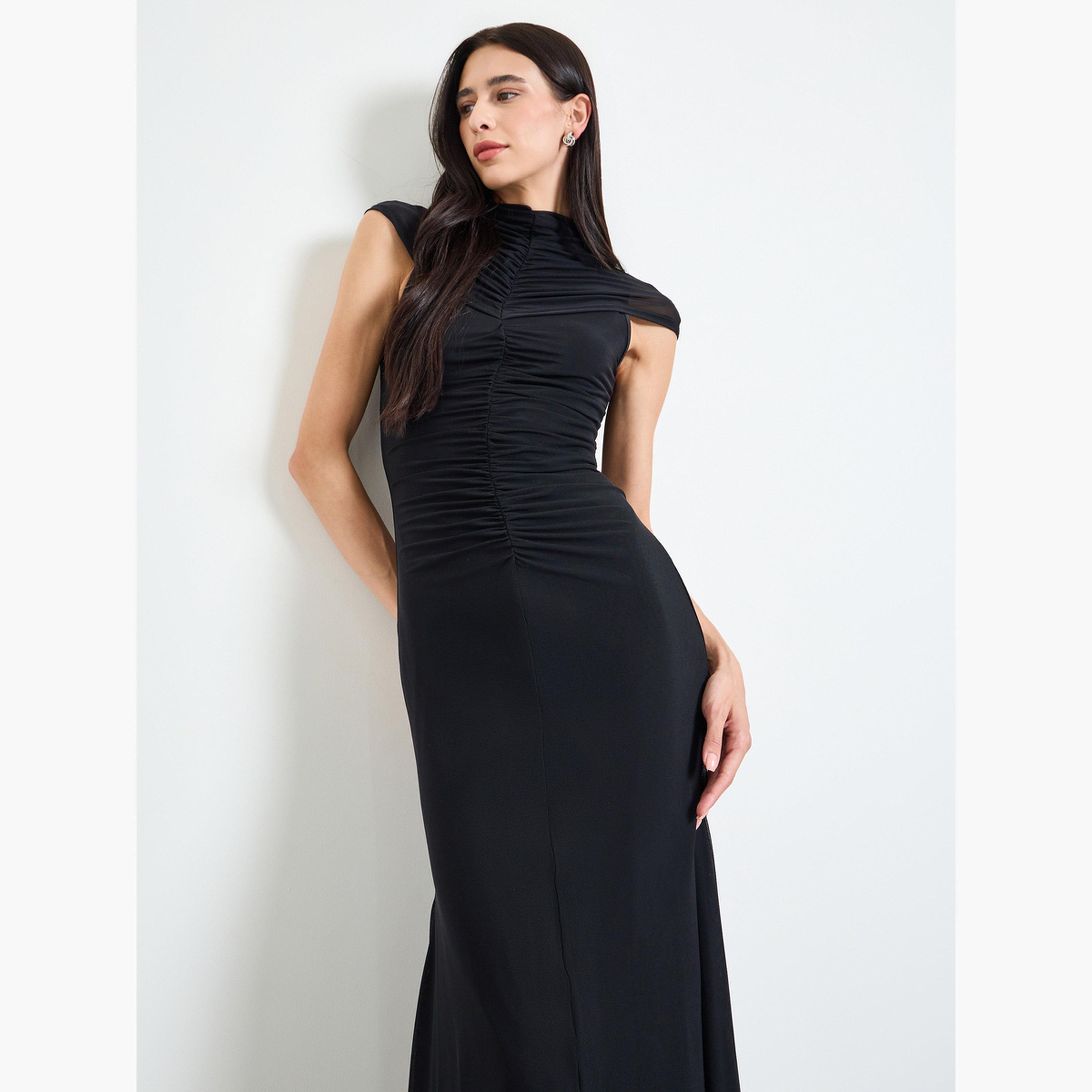 Styli Black Gathered Yoke Sheath Maxi Dress-women-clothing-dresses-image-2