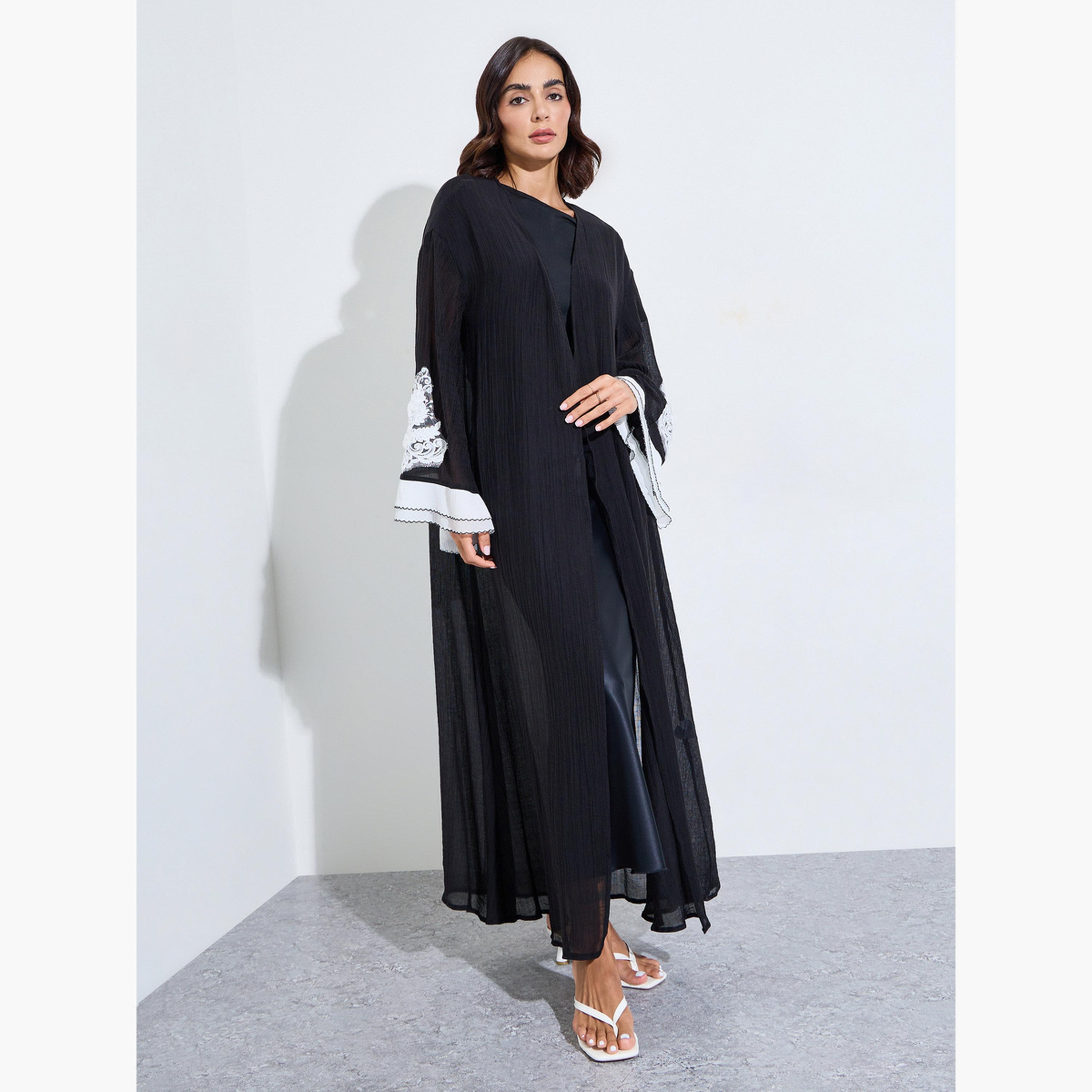 Amirah X Styli Black Plisse Lace Sleeves Front Open Abaya-women-arabicclothing-abayas-image-1