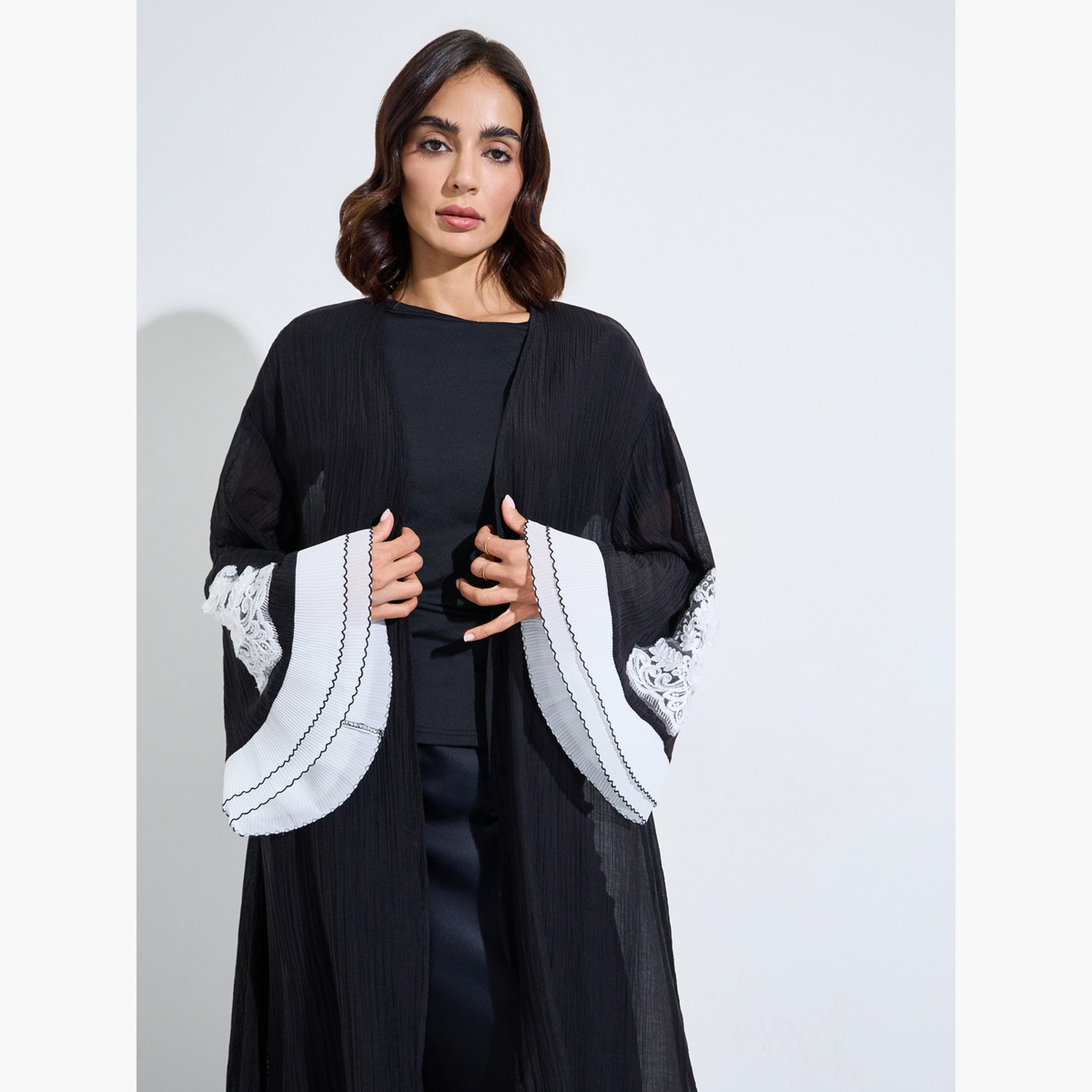 Amirah X Styli Black Plisse Lace Sleeves Front Open Abaya-women-arabicclothing-abayas-image-2