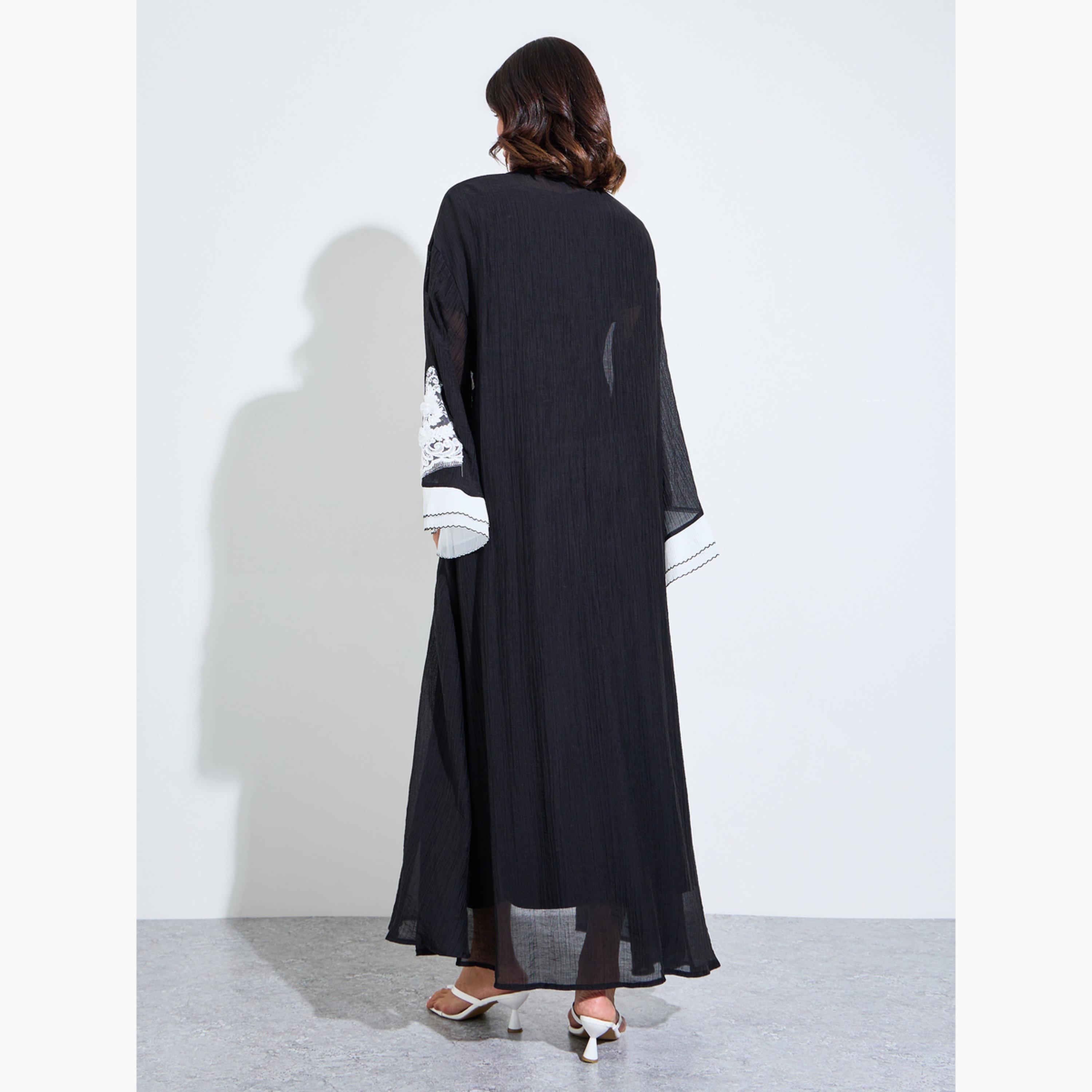 Amirah X Styli Black Plisse Lace Sleeves Front Open Abaya-women-arabicclothing-abayas-image-3