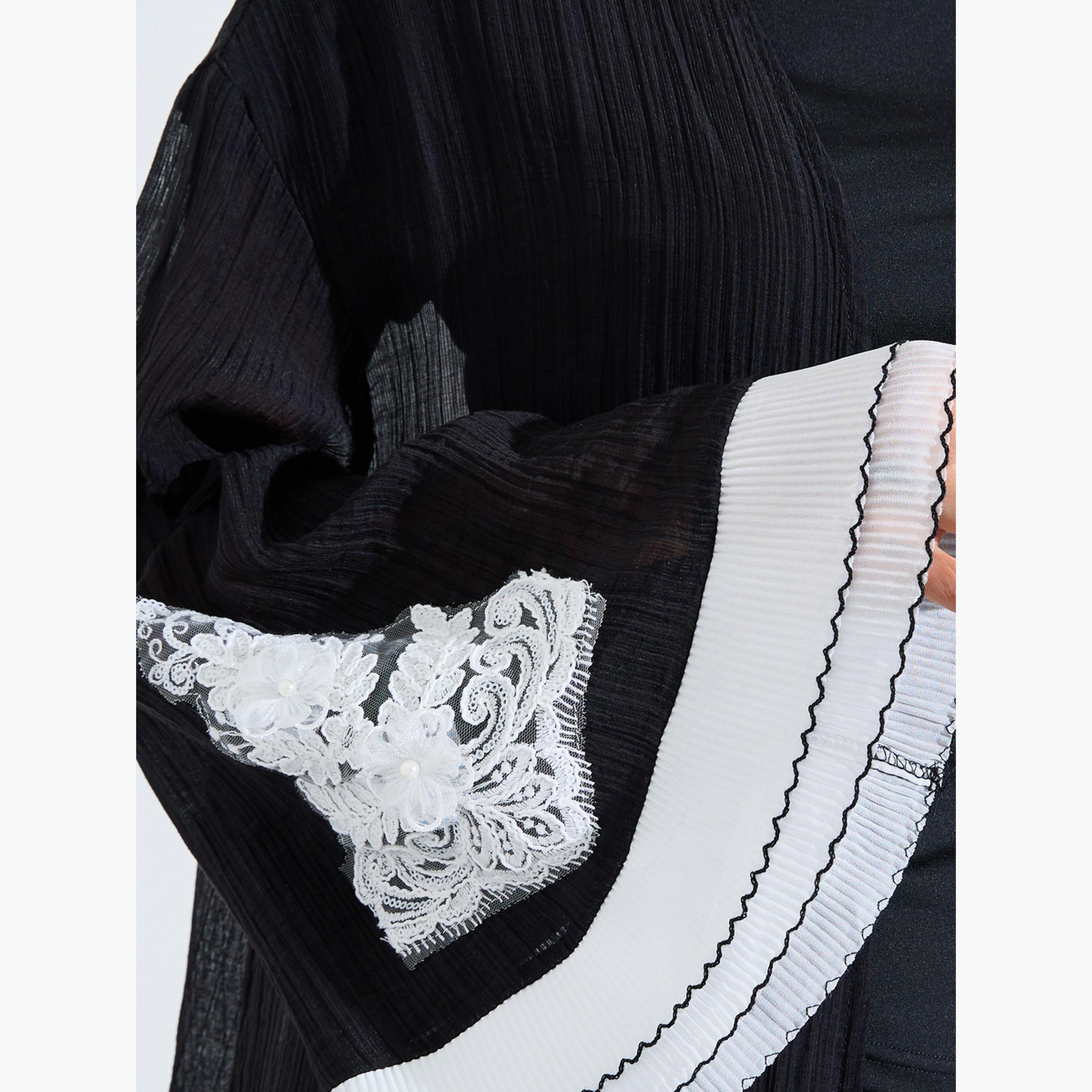 Amirah X Styli Black Plisse Lace Sleeves Front Open Abaya-women-arabicclothing-abayas-image-4
