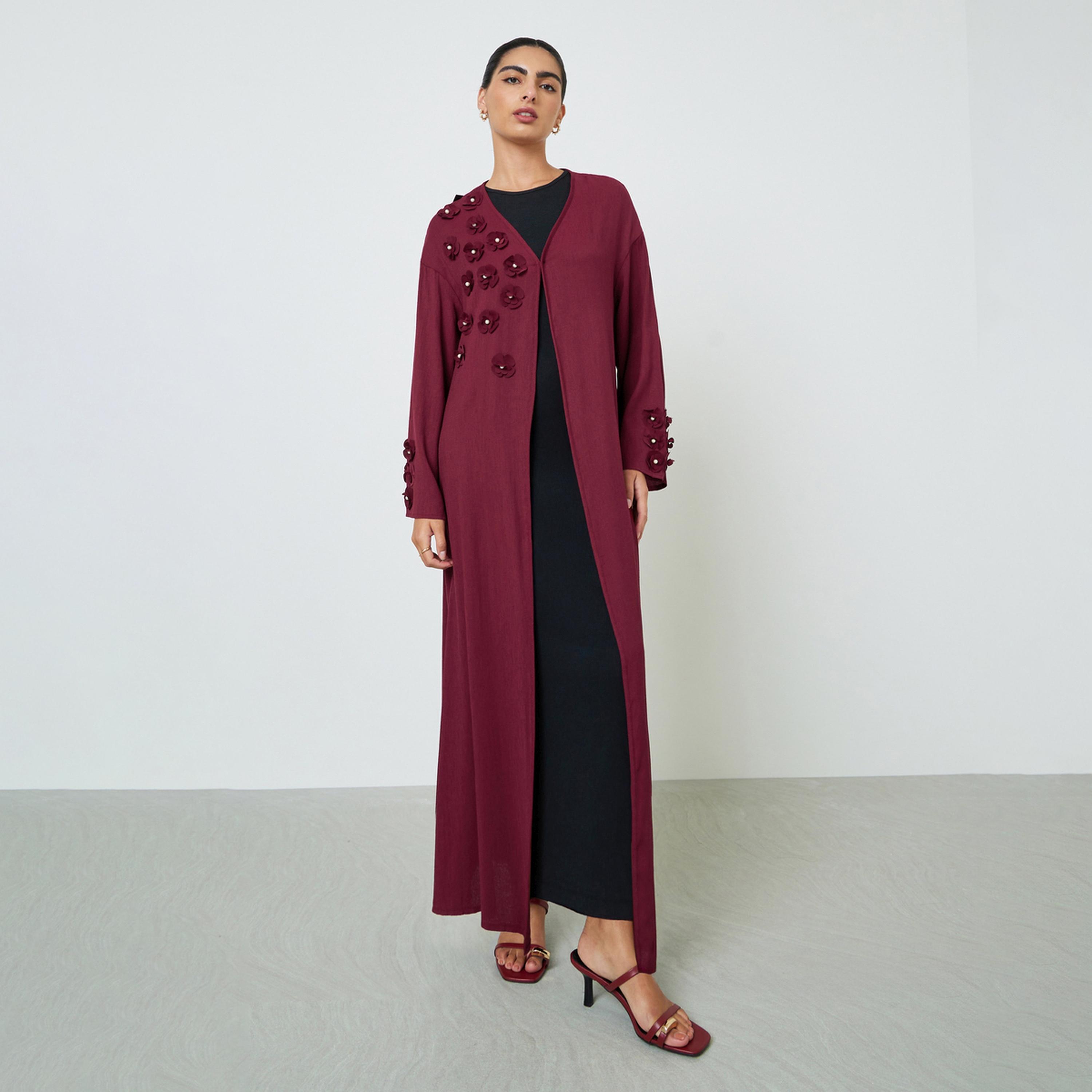 Amirah X Styli Burgundy Embroidered Floral Abaya-women-arabicclothing-abayas-image-1