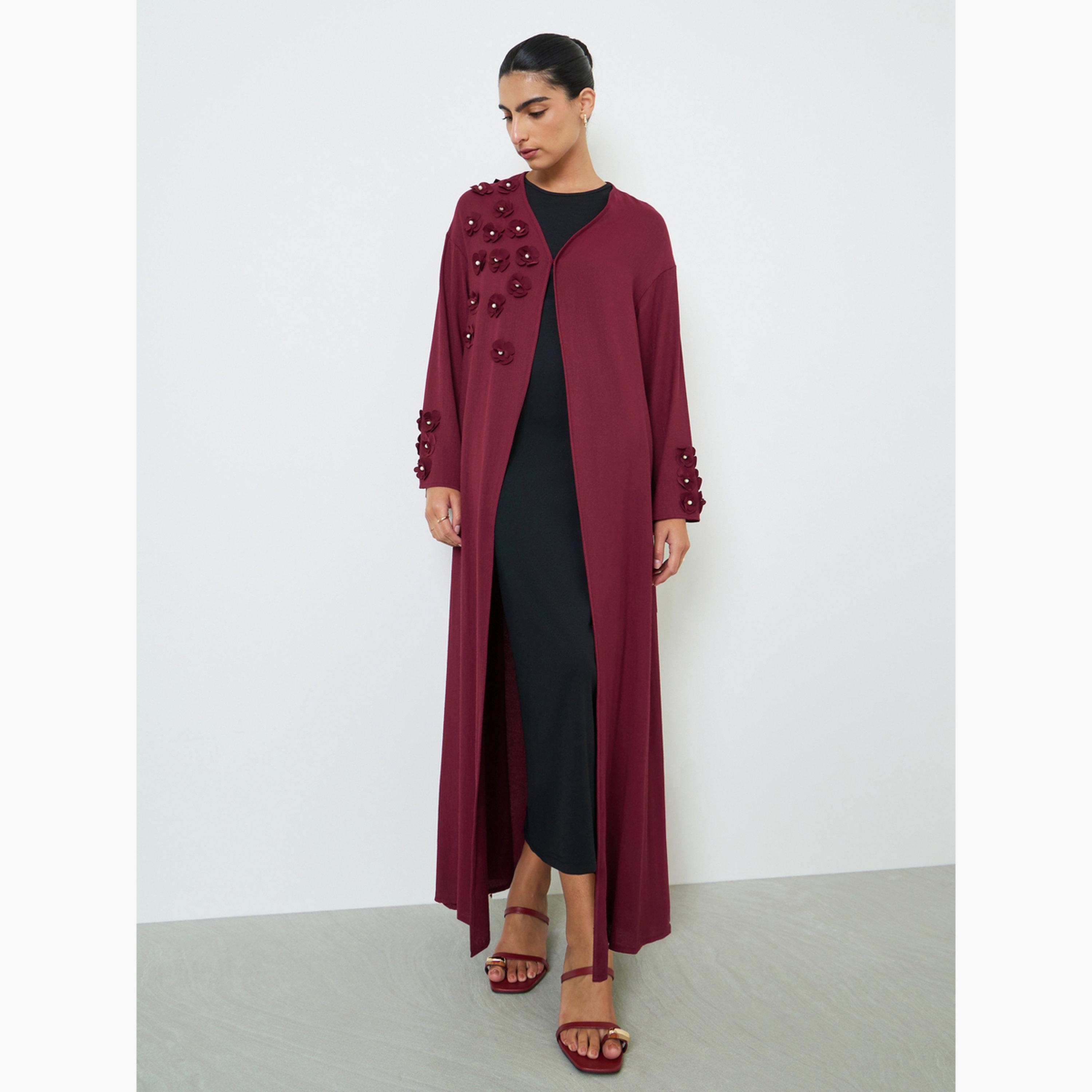 Amirah X Styli Burgundy Embroidered Floral Abaya-women-arabicclothing-abayas-image-2