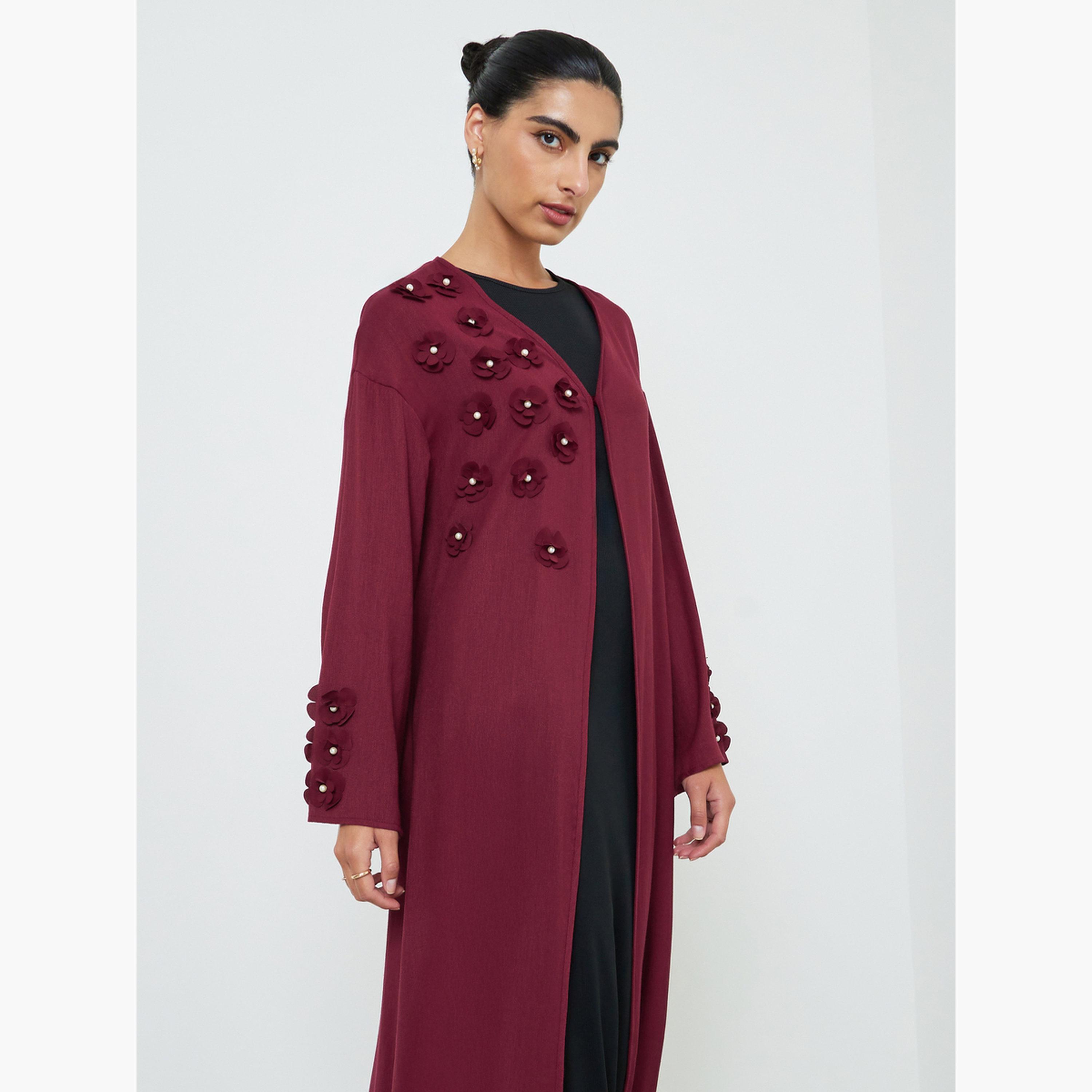Amirah X Styli Burgundy Embroidered Floral Abaya-women-arabicclothing-abayas-image-3
