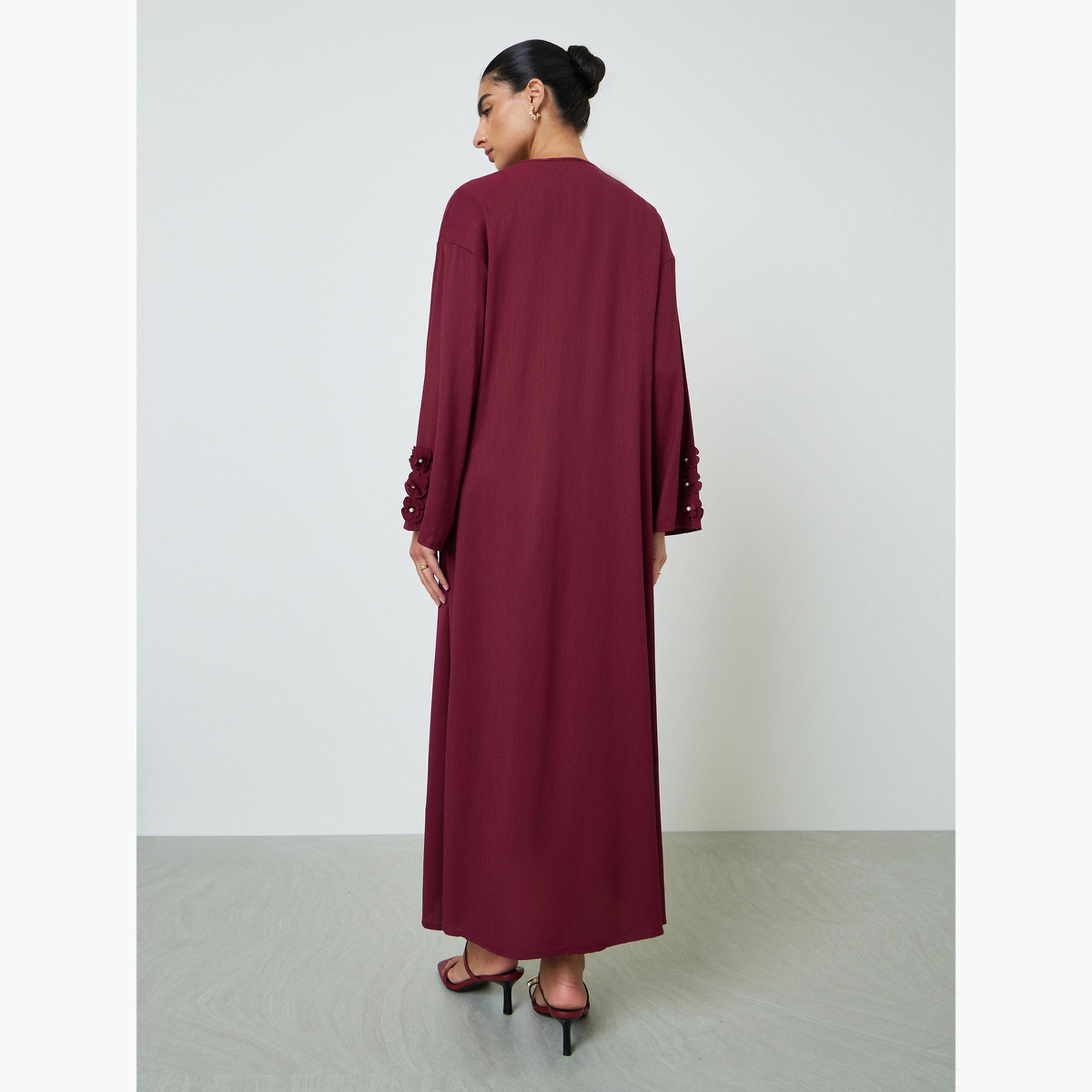Amirah X Styli Burgundy Embroidered Floral Abaya-women-arabicclothing-abayas-image-4